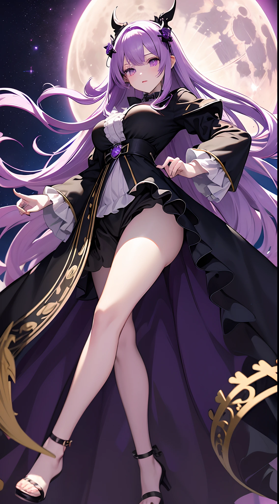 masutepiece, Best Quality, Extremely detailed, 1 IRL,Purple straight hair,Purple eyes,pale skin,Blouse with ruffles,Black Long Length Coat,Long magic wand,floating,Big full moon background,From below,Hyper realistic, Perfect Anatomy, Perfect five fingers