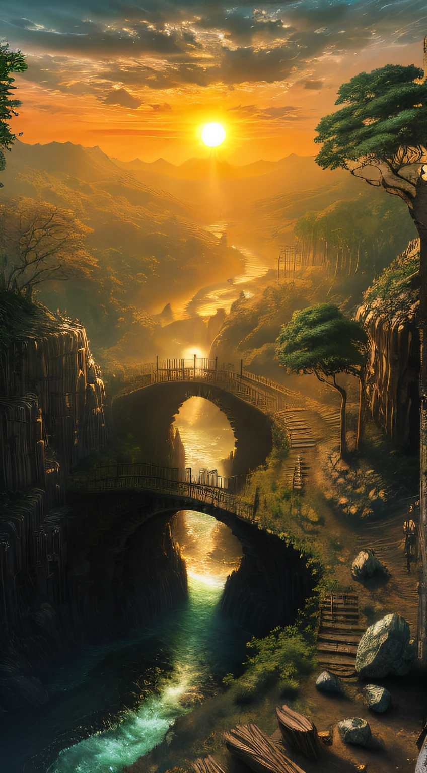Huge colorful trees with many vines, palmeiras, coconut, Fallen logs, Water wheel with water wheel, windmills, In the midst of lush waterfalls, River with large surreal rocks, Sky with clouds, suns, Lua, global ilumination, depth of fields,