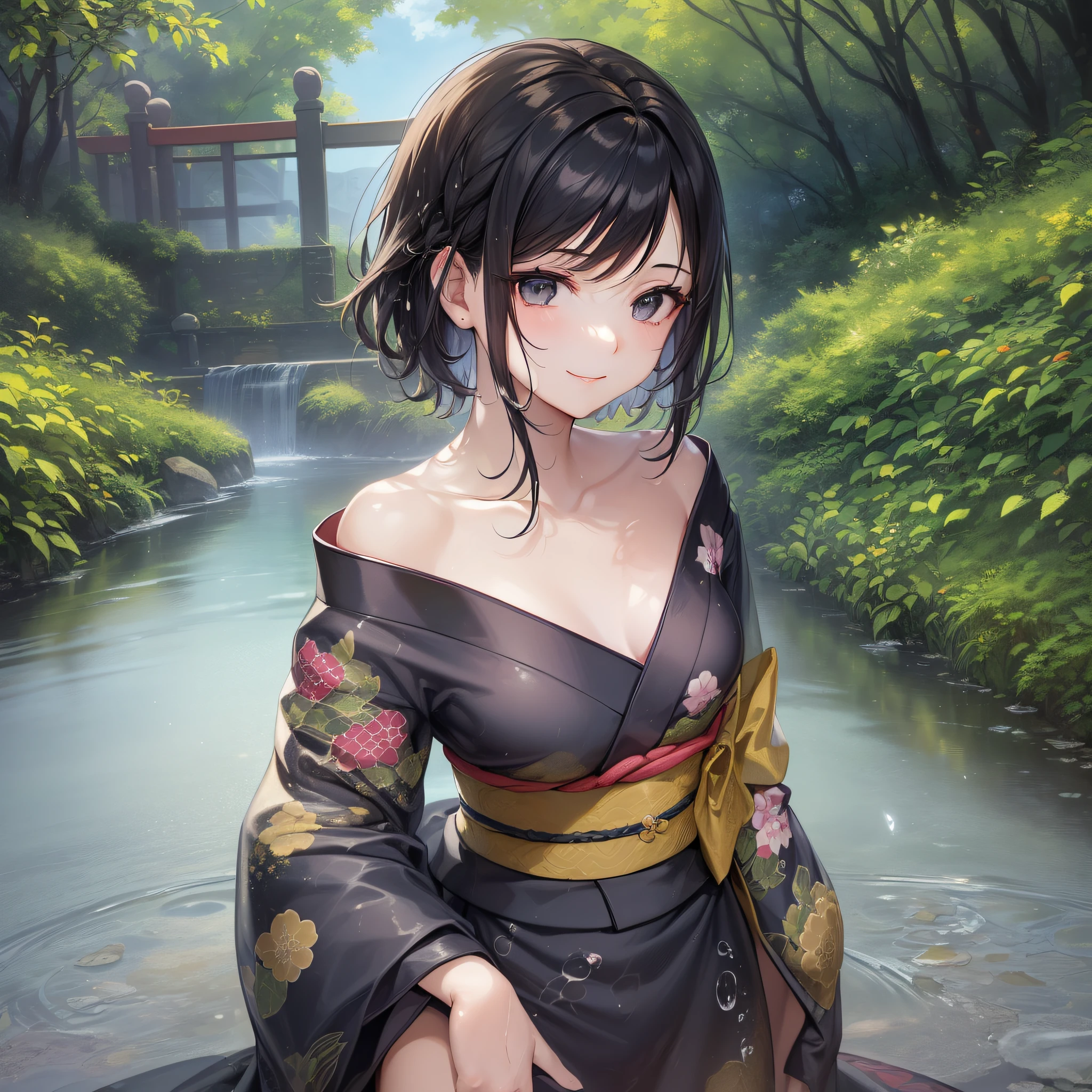 (Best Quality)), (Masterpiece), (Sharpness), 32k, (Best Quality Depiction), (Best Quality), Art, Detailed and Detailed CG Art, Detailed Human Body, Gentle Sunlight: 1.3, (Perfect Anatomy), (Flawless Body Depiction), Golden Ratio, Depiction of Perfect Woman, 1 Woman, (Japan Adult Female in Early Twenties), (Lustrous Black Hair, Short Hair: 1.1), ( Beautiful black eyes shiny),(Beautiful face with detailed detail), (Small:1.3), (Perfect kimono with detailed and detailed beauty:1.4,Flowing water pattern,No exposure:1.6), (Staring into the distance,Smile:1.3), Outdoor,Japanese style garden:1.2,Little bird 1.3:,Wind operation:0.7