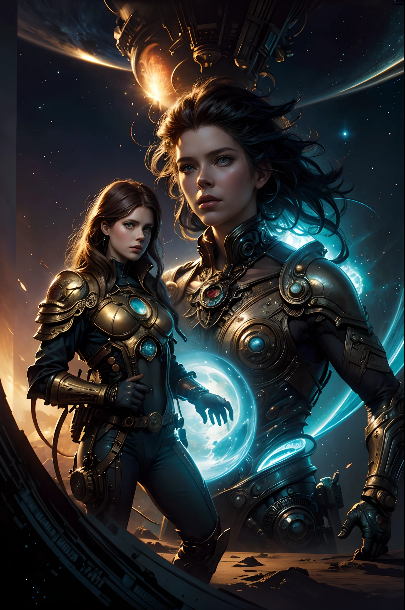 Future City, Universe, Technology, magic, boris vallejo and tom bagshaw, Prophet graphic novel, Cosmic artifacts, Inspired by Earl Norem, deep dream, awarded on cgsociety, looks a bit similar to amy adams, golden turquoise steampunk, anno 2070，reality,01