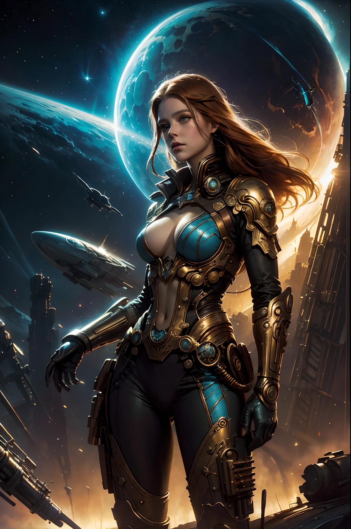 Future City, Universe, Technology, magic, boris vallejo and tom bagshaw, Prophet graphic novel, Cosmic artifacts, Inspired by Earl Norem, deep dream, awarded on cgsociety, looks a bit similar to amy adams, golden turquoise steampunk, anno 2070，reality,01