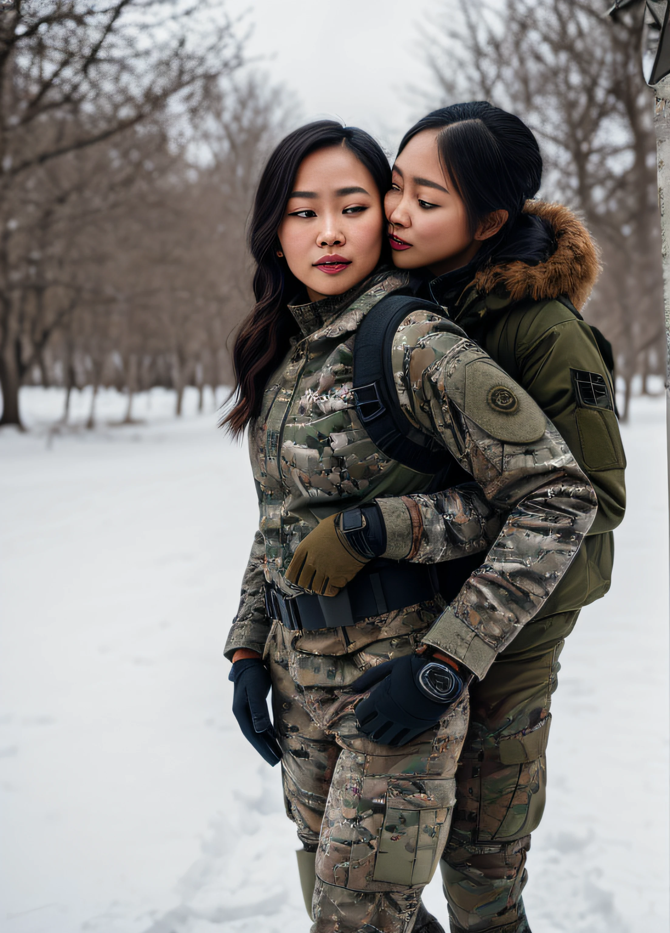 (photorealistic), beautiful lighting, best quality, realistic, full body portrait, real picture, intricate details, depth of field, 2 girls lesbian kissing, Filipino woman, 24-years-old, in a cold snowstorm, a wings, A very muscular solider girl with haircut, wearing winter camo military fatigues, camo plate carrier rig, combat gloves, (magazin pouches), (kneepads), highly-detailed, perfect face, hazel eyes, lips, wide hips, small waist, tall, make up, tacticool, Fujifilm XT3, outdoors, bright day, Beautiful lighting, RAW photo, 8k uhd, film grain, ((bokeh))