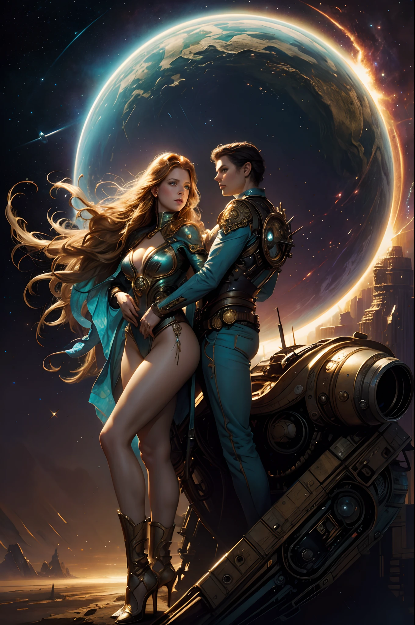 Future City, Universe, Technology, magic, boris vallejo and tom bagshaw, Prophet graphic novel, Cosmic artifacts, Inspired by Earl Norem, deep dream, awarded on cgsociety, looks a bit similar to amy adams, golden turquoise steampunk, anno 2070，reality,01
