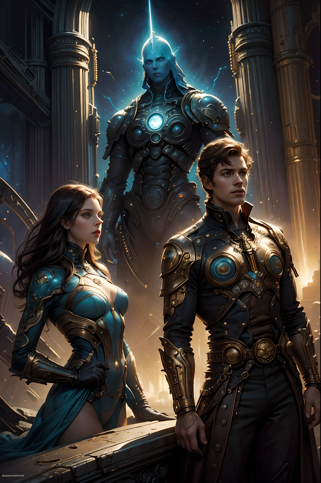 Future City, Universe, Technology, magic, boris vallejo and tom bagshaw, Prophet graphic novel, Cosmic artifacts, Inspired by Earl Norem, deep dream, awarded on cgsociety, looks a bit similar to amy adams, golden turquoise steampunk, anno 2070，reality,02