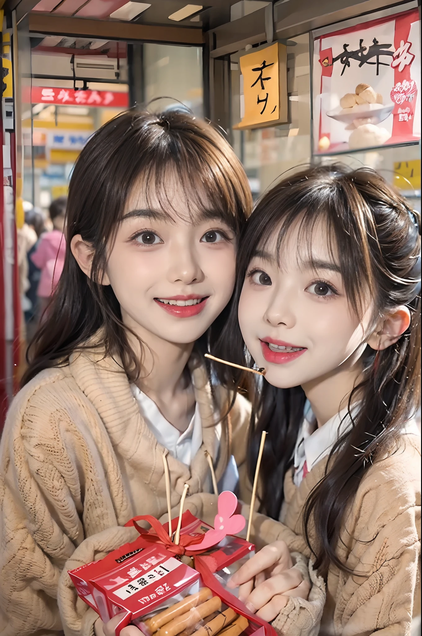 Pocky Games、It is a traditional game of Valentine's Day in Japan。Couples and friends、Pocky(Thin biscuit sticks)Stick the ends together、Chewing and eating are games at the same time。Finally、There's the thrill of something happening with whether the pokie breaks or not。brunette disheveled hair、shool uniform、autumnal、(Two people eat MIKADO from both sides:1.2)、2 women、On the verge of a kiss、28 year old
