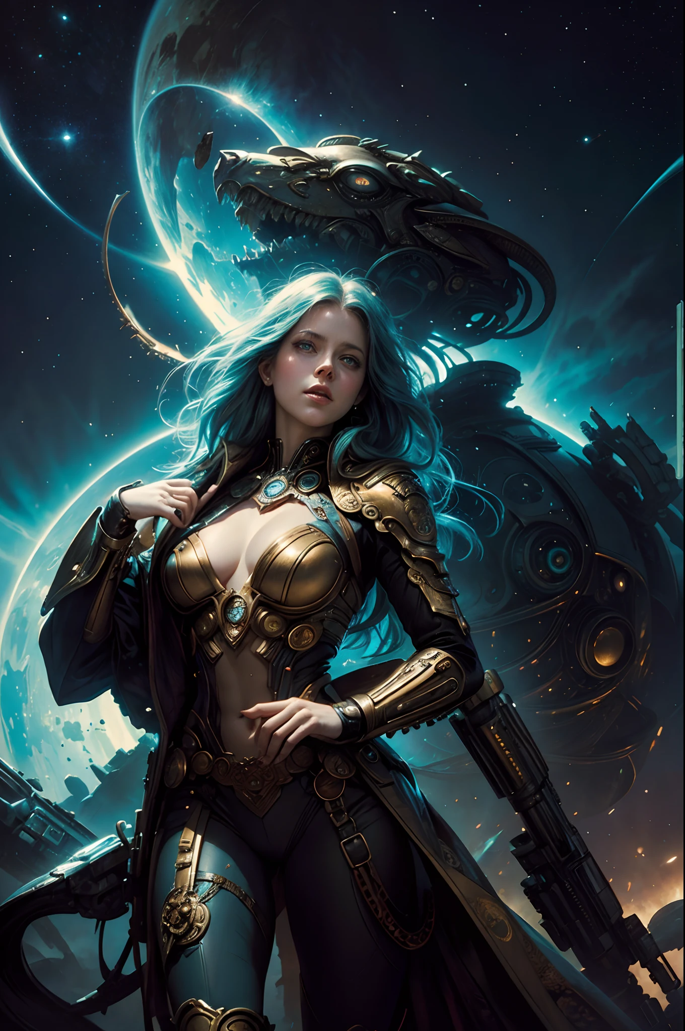 Future City, Universe, Technology, magic, boris vallejo and tom bagshaw, Prophet graphic novel, Cosmic artifacts, Inspired by Earl Norem, deep dream, awarded on cgsociety, looks a bit similar to amy adams, golden turquoise steampunk, anno 2070，reality,02