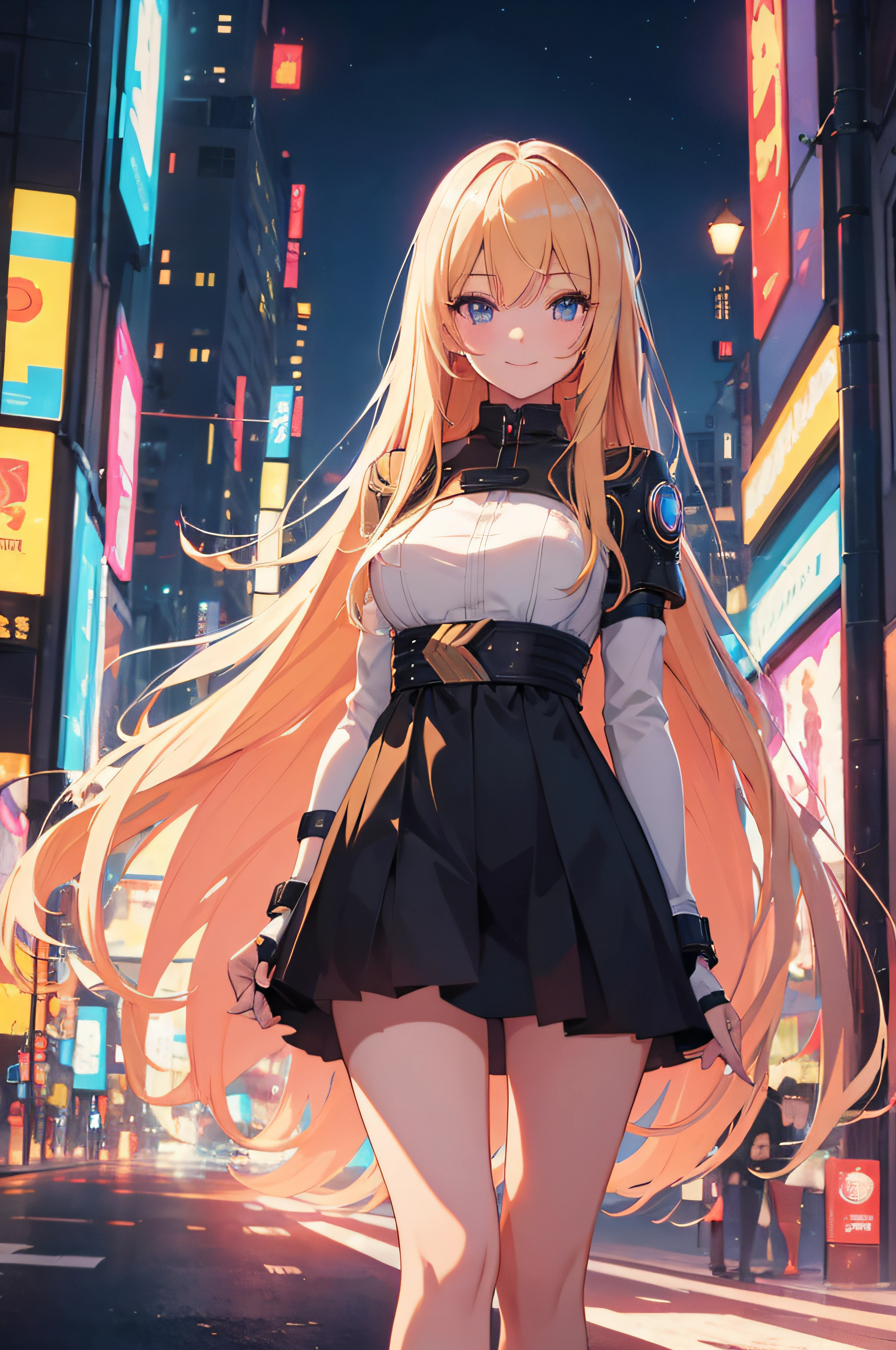 masterpiece, best quality, 1girl, long blonde hair with bangs, solo, night, colorful, cityscape, cyberpunk, light smile, city pop, vector illustration