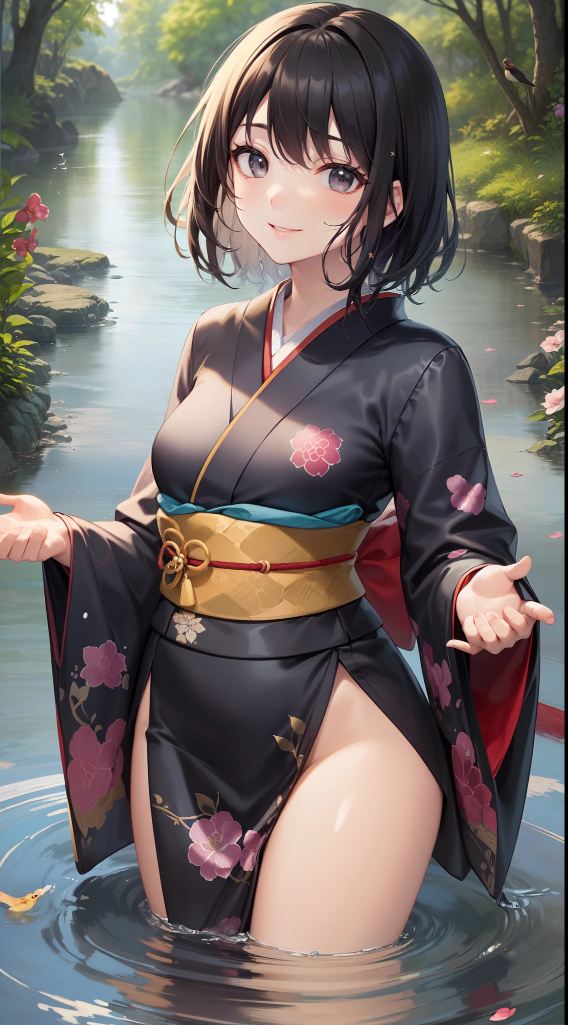 (Best Quality)), (Masterpiece), (Sharpness), 32k, (Best Quality Depiction), (Best Quality), Art, Detailed and Detailed CG Art, Detailed Human Body, Gentle Sunlight: 1.3, (Perfect Anatomy), (Flawless Body Depiction), Golden Ratio, Depiction of Perfect Woman, 1 Woman, (Japan Adult Female in Early Twenties), (Lustrous Black Hair, Short Hair: 1.1), ( Beautiful black eyes shiny),(Beautiful face with detailed detail), (Small:1.3), (Fine and detailed beautiful perfect kimono:1.4,Flowing water pattern,No exposure:1.6), (Staring into the distance,Smile:1.3), Outdoor,Japanese garden:1.2, (Little bird:1.3) ,Wind operation:0.7