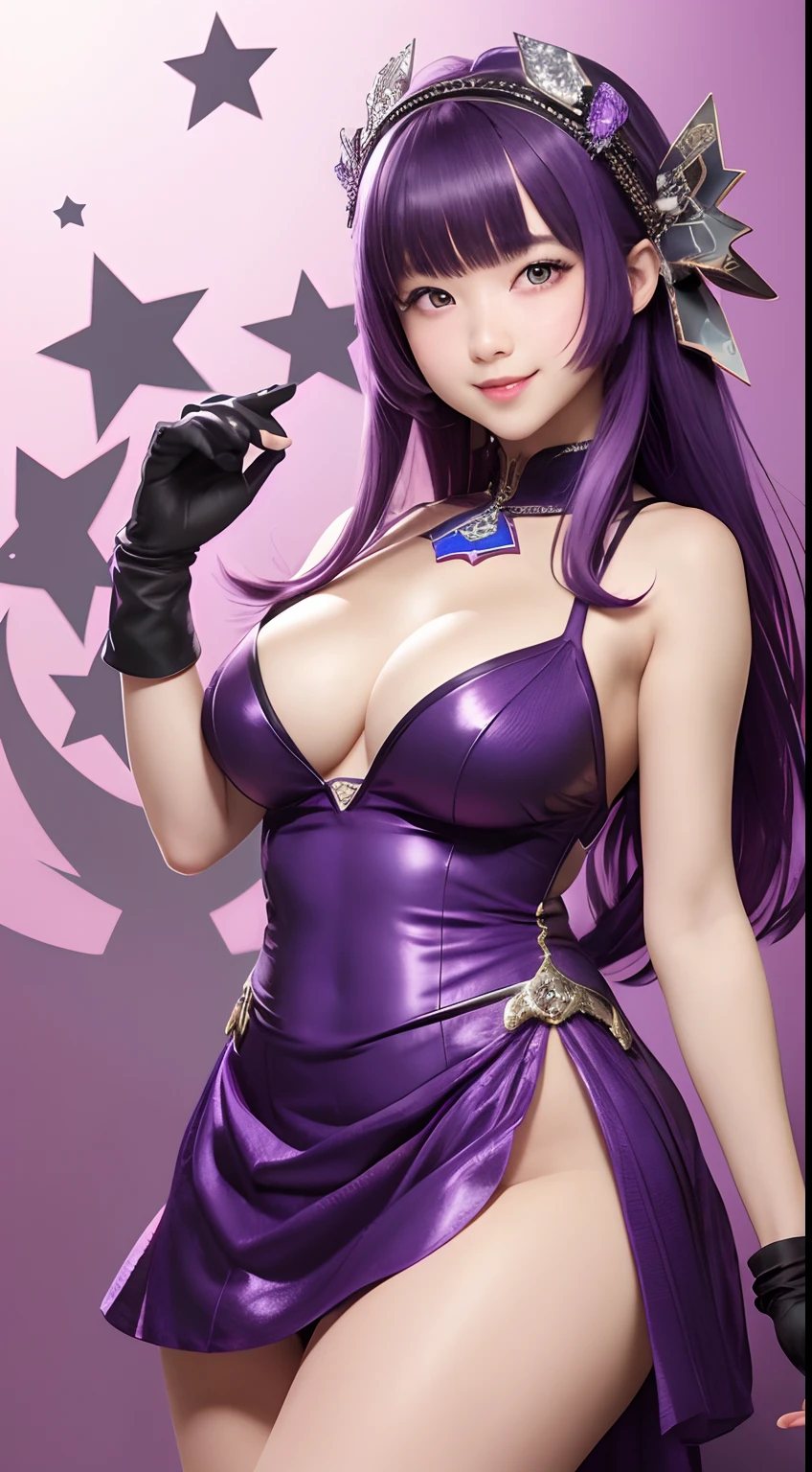 Hoshino Ai, gloves, Tongue sticking out, tongue, Long hair, Star (symbol), Watch Viewer, (Purple hair: 1.2), Purple eyes, Upper body, Hair Ornament, frilld, PINK SHIRT, Smile, Sleeveless, Shirt, Idol, symbol-shaped pupils, Bangs, One side up, star-shaped pupils,dress pull, Roaring 20s, isometric,Full body, Rembrandt, Illustration, detail, depth of fields, Precise hand modeling,Looking at the viewer,Tongue out, Highest Quality, High resolution,fullnude,