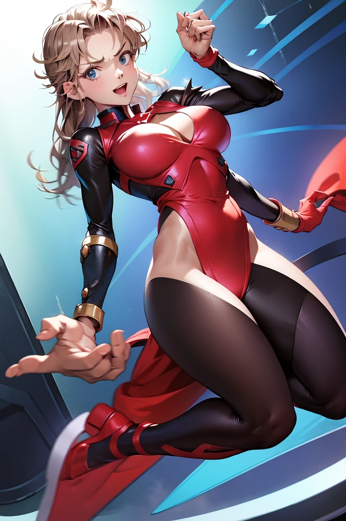 girl,ass,blue eyes,bodysuit,breasts,brown hair,full body,hand on own hip,index finger raised,long hair,looking at viewer,medium breasts,open mouth,plugsuit,pointing,red bodysuit,shiny clothes,simple background,skin tight,smile,transparent background,tsundere