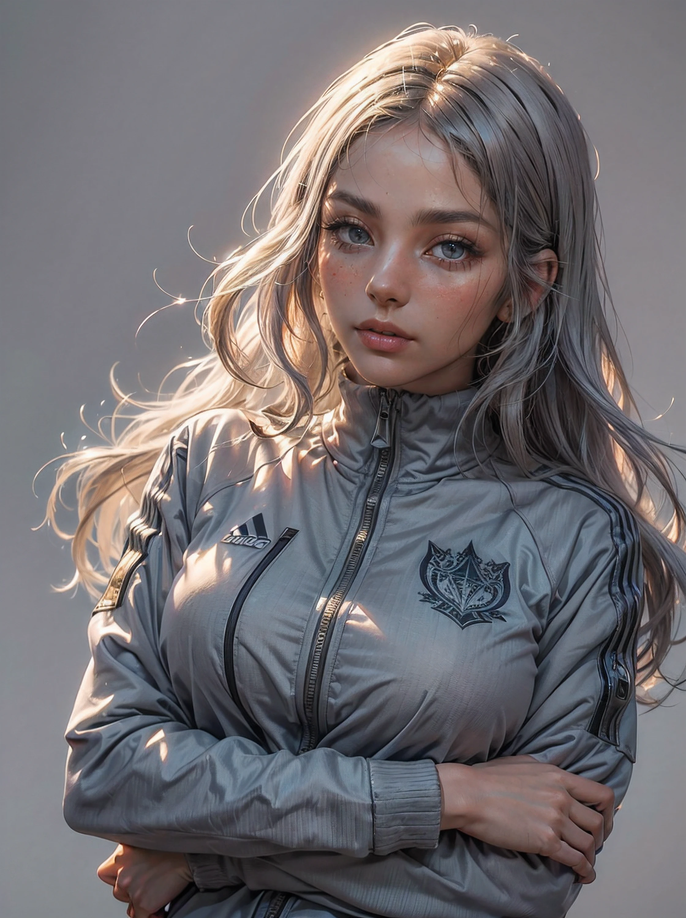 (tmasterpiece, hiquality, beste-Qualit, official arts, Beautiful and aesthetically pleasing:1.2), (1 girl), Extremely detailed, (s fractal art:1.3), Colorful, As detailed as possible, large natural breast, Very large green eyes, faint smile, Developing hair, A shot between the hair, dominant posture, (high skin detail:1.2), (High facial detail:1.4), (Very long white hair:1.2), (grey body-conforming tracksuit covering the whole body:1.4),