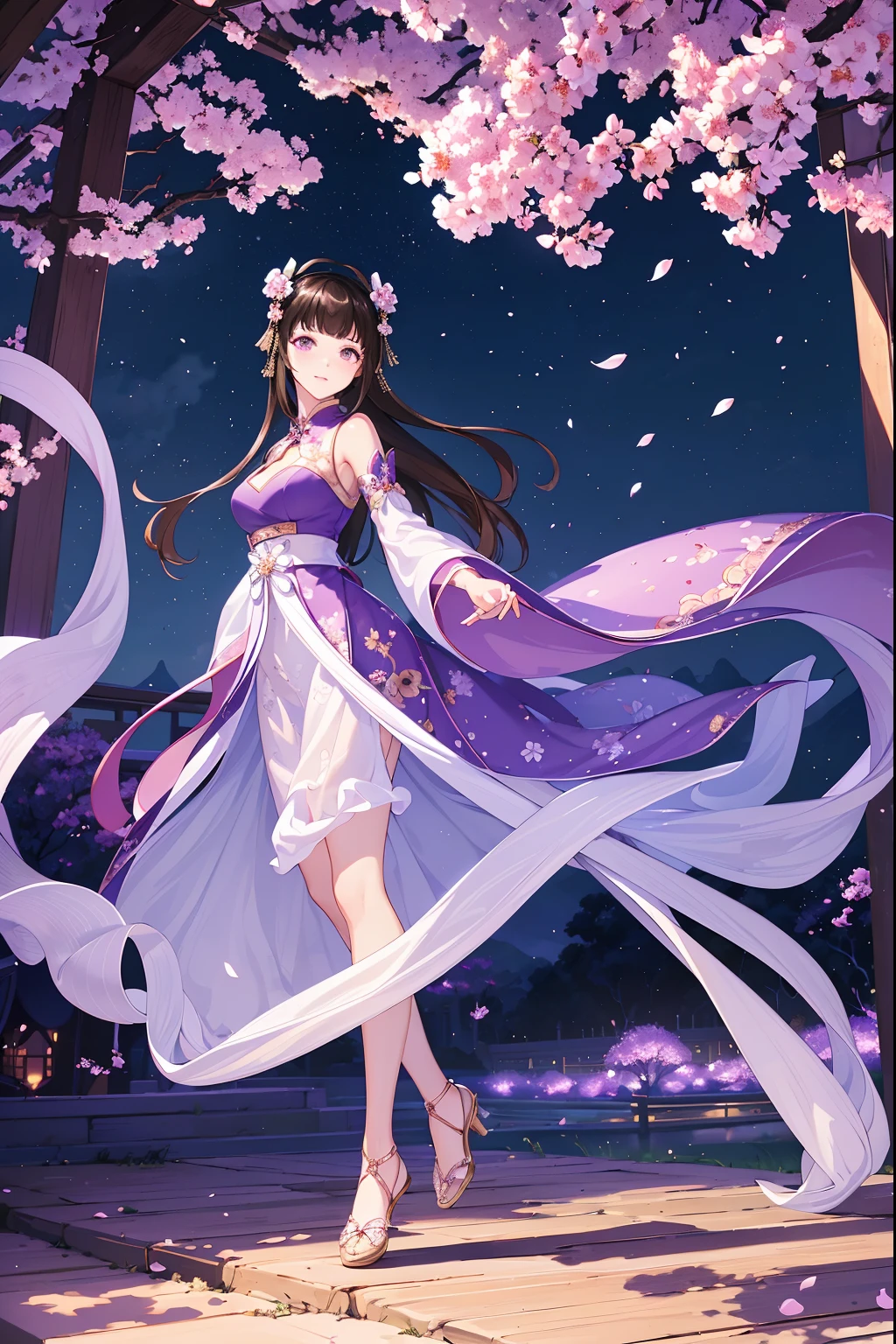 (Best quality,A high resolution,Clear image:1.2),Ultra-detailed background,Beautiful woman,standing on your feet，Purple dress，Chinese style clothes,Delicate petals,Garden scene,Under the moonlight,Romantic atmosphere,Dutch Angle Shot,Soft lighting,shelmet