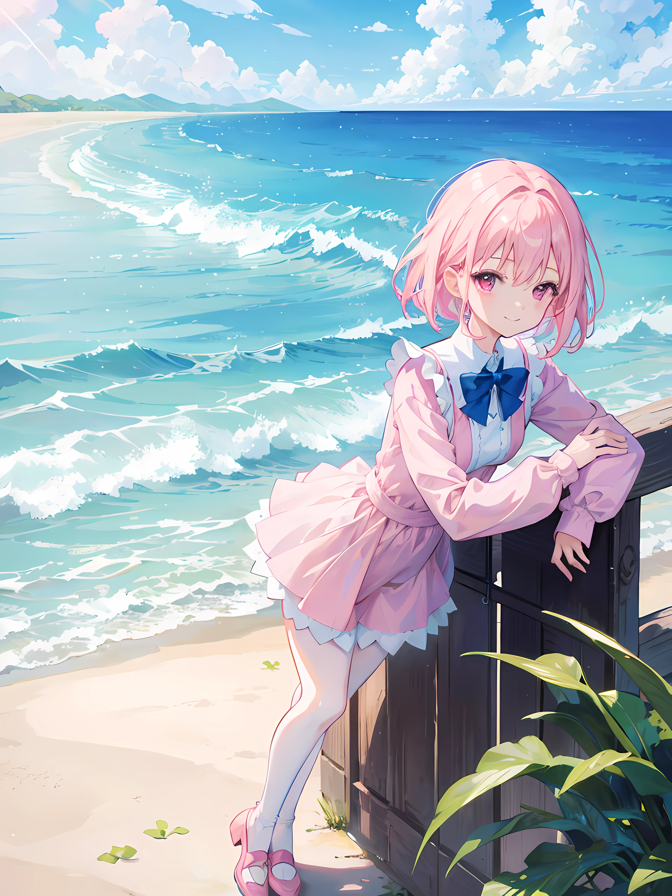 anime girl leaning on a fence, standing next to the ocean, clear water, clear blue sky, beautiful sunlight, (1girl), short pink hair, pink eyes, small breasts, blue long sleeves short dress, blue shoes, white stocking, smile, beautiful anime artwork, ultrasharp, masterpiece, high res, 8k