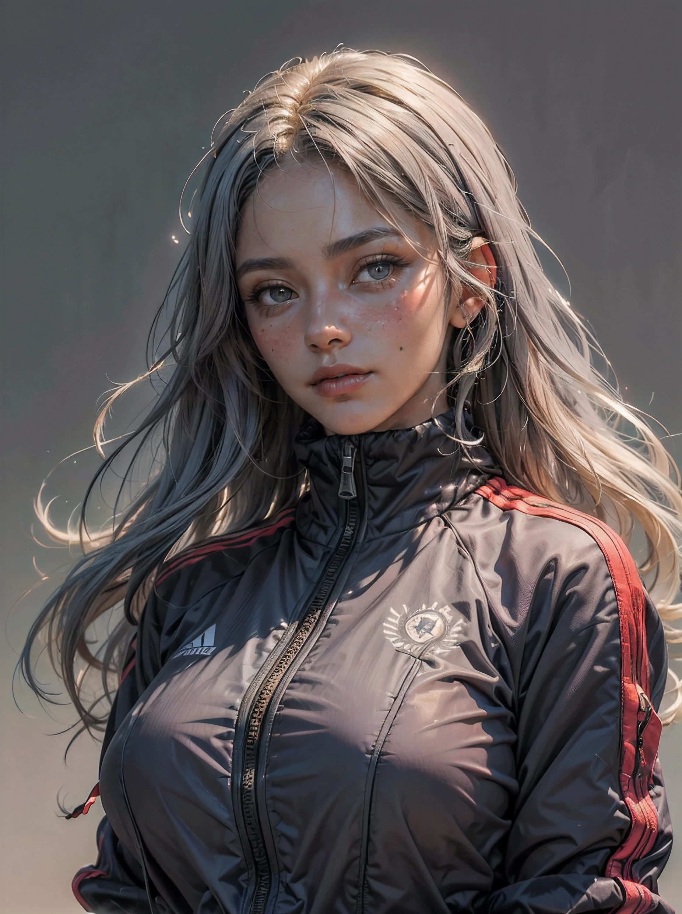 (tmasterpiece, hiquality, beste-Qualit, official arts, Beautiful and aesthetically pleasing:1.2), (1 girl), Extremely detailed, (s fractal art:1.3), Colorful, As detailed as possible, large natural breast, Very large green eyes, faint smile, Developing hair, A shot between the hair, dominant posture, (high skin detail:1.2), (High facial detail:1.4), (Very long white hair:1.2), (grey body-conforming tracksuit covering the whole body:1.4),