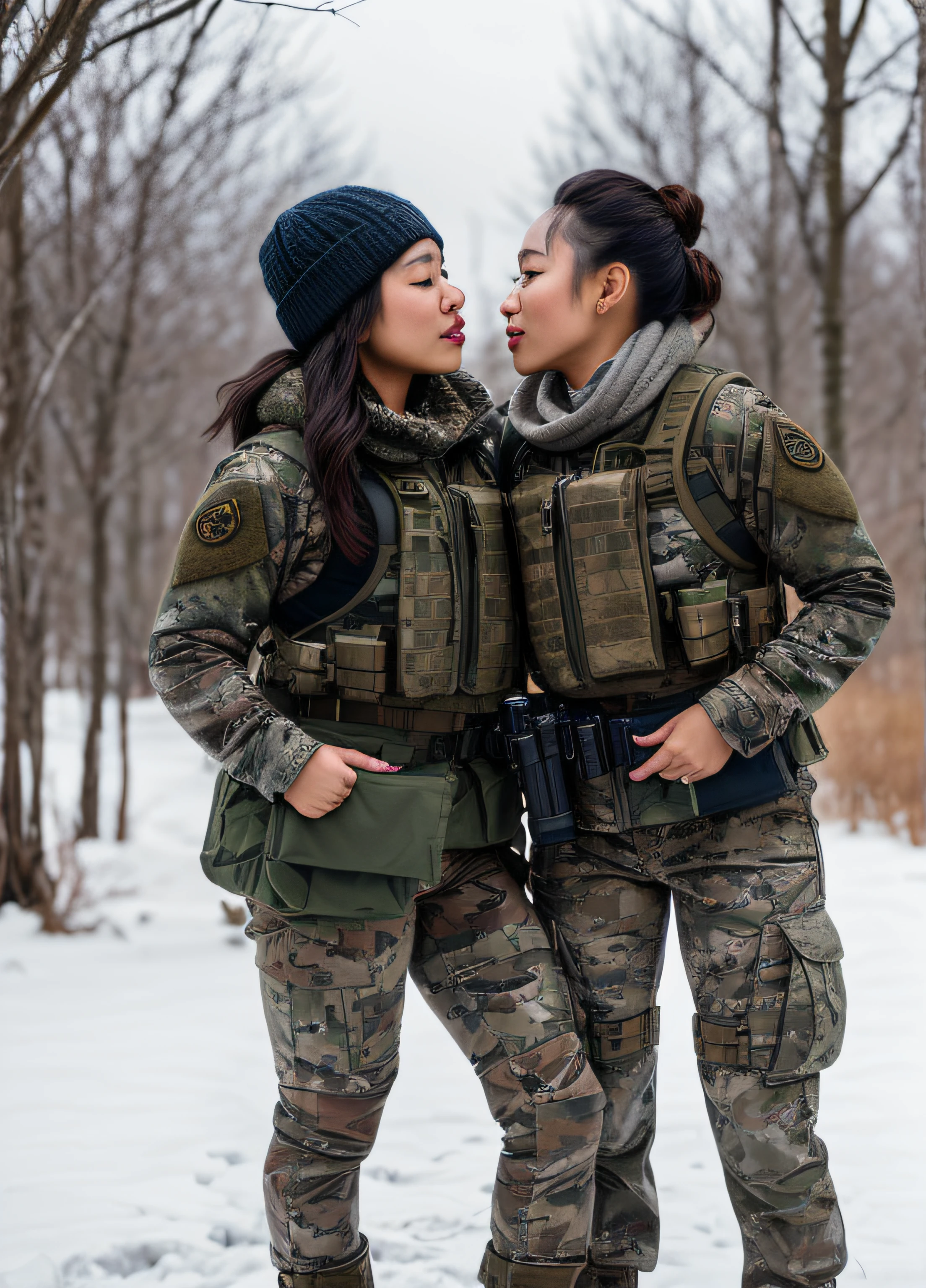 (photorealistic), beautiful lighting, best quality, realistic, full body portrait, real picture, intricate details, depth of field, 2 girls lesbian kissing, Filipino woman, 24-years-old, in a cold snowstorm, a wings, A very muscular solider girl with haircut, wearing winter camo military fatigues, camo plate carrier rig, combat gloves, (magazin pouches), (kneepads), highly-detailed, perfect face, hazel eyes, lips, wide hips, small waist, tall, make up, tacticool, Fujifilm XT3, outdoors, bright day, Beautiful lighting, RAW photo, 8k uhd, film grain, ((bokeh))