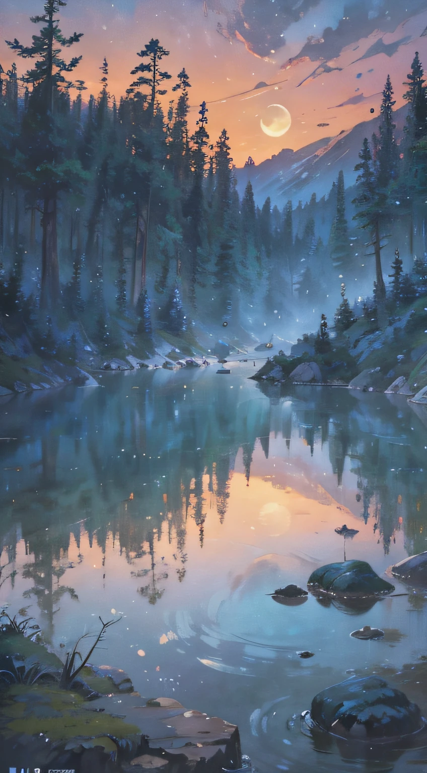 There are two rabbits sitting on rocks close to bodies of water, A beautiful artwork illustration, anime beautiful peace scene, 4 k hd wallpaper illustration, a forest with bunnies, Beautiful art UHD 4 K, Anime fantasy illustration, 4 k hd illustrative wallpaper, serene illustration, dreamlike illustration, fantasy matte painting，Cute, anime landscape wallpapers, whimsical fantasy landscape art,Moon HD soft