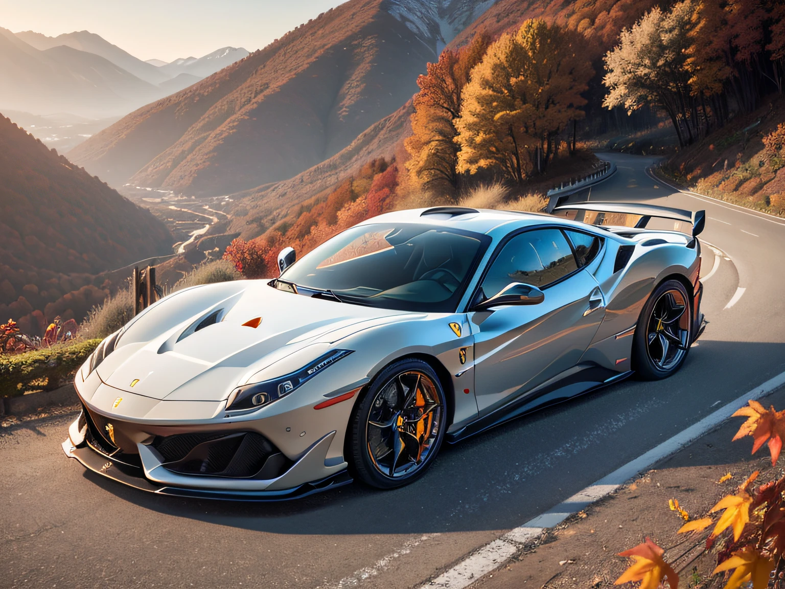 超A high resolution、An ultra-high picture quality、8K、Detailed details、marvelous expression、Late autumn valley、Beautiful autumn leaves、A silver sports car that runs vividly on a mountain road built along the mountain、((Ferrari Maranello))