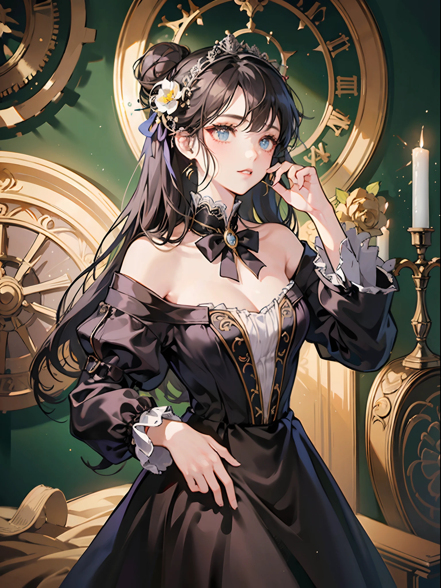 Clock, mechanical clock, clock, girl standing in front of the floor clock, retro, indoor, artistic, mysterious, jet black hair, long eyelashes, solid round eyes, feathered fangs, light brown hair, double hair bun, halo mirror, hair ribbon, hair flower, hair accessories hair bow, bell, surrealism, shadow, stereo, standing, perspective, atmospheric perspective, Rococo style, Renaissance, Neoclassicism, Gothic art, Baroque, depth of field, light meaning, Cinematic lighting, divine light, first person perspective, vanishing point, lens flare, blurring, wide-angle, f/1.2, line of sight horizontal shooting, 35mm, Fuji film, Fuji color, 8K, super detail, accurate, best quality, ultra high definition, retina, masterpiece, anatomical structure correct, textured skin