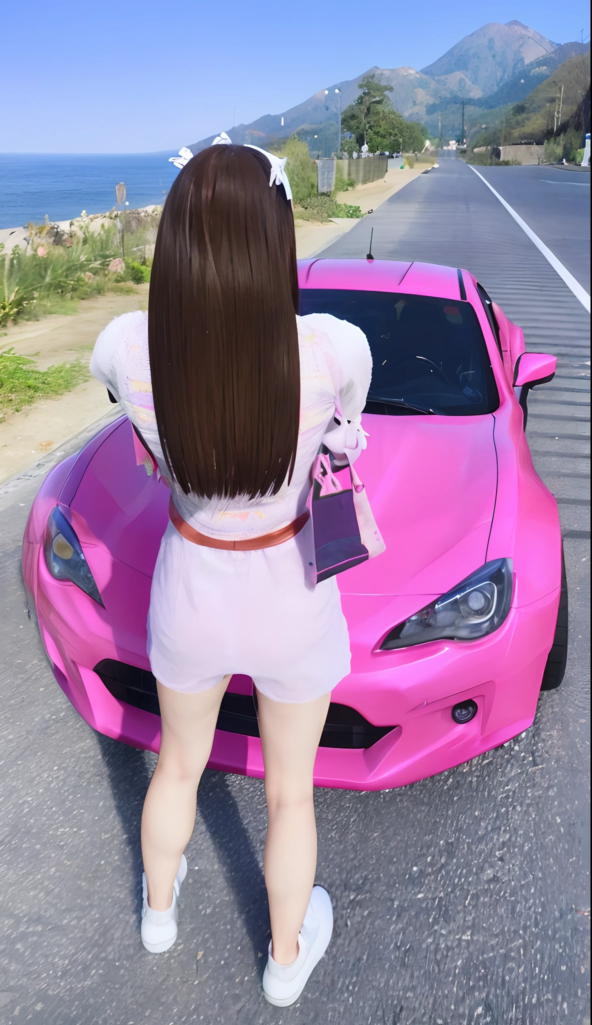 Real Japan cute girl with long smooth hair pink Subaru brz rocket bunny