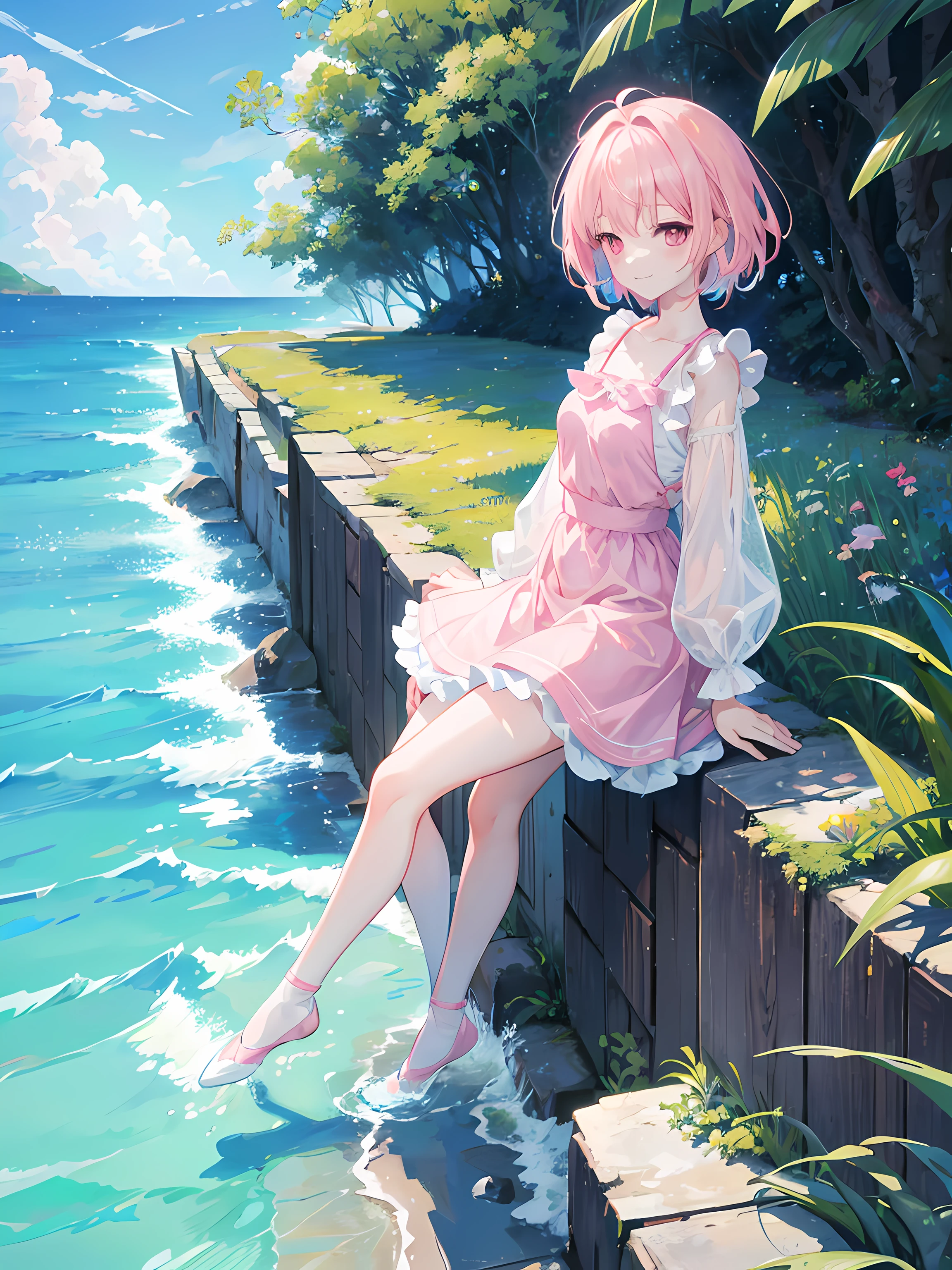 Ichigo Mashimaro,1girl, solo, bubble blowing, twintails, sandals, pink hair, bubble, shorts, sitting, striped, blue shorts, ribbon, wariza, grass, brown eyes, hair ribbon,  <lora:Ichigo Mashimaro:0.8>