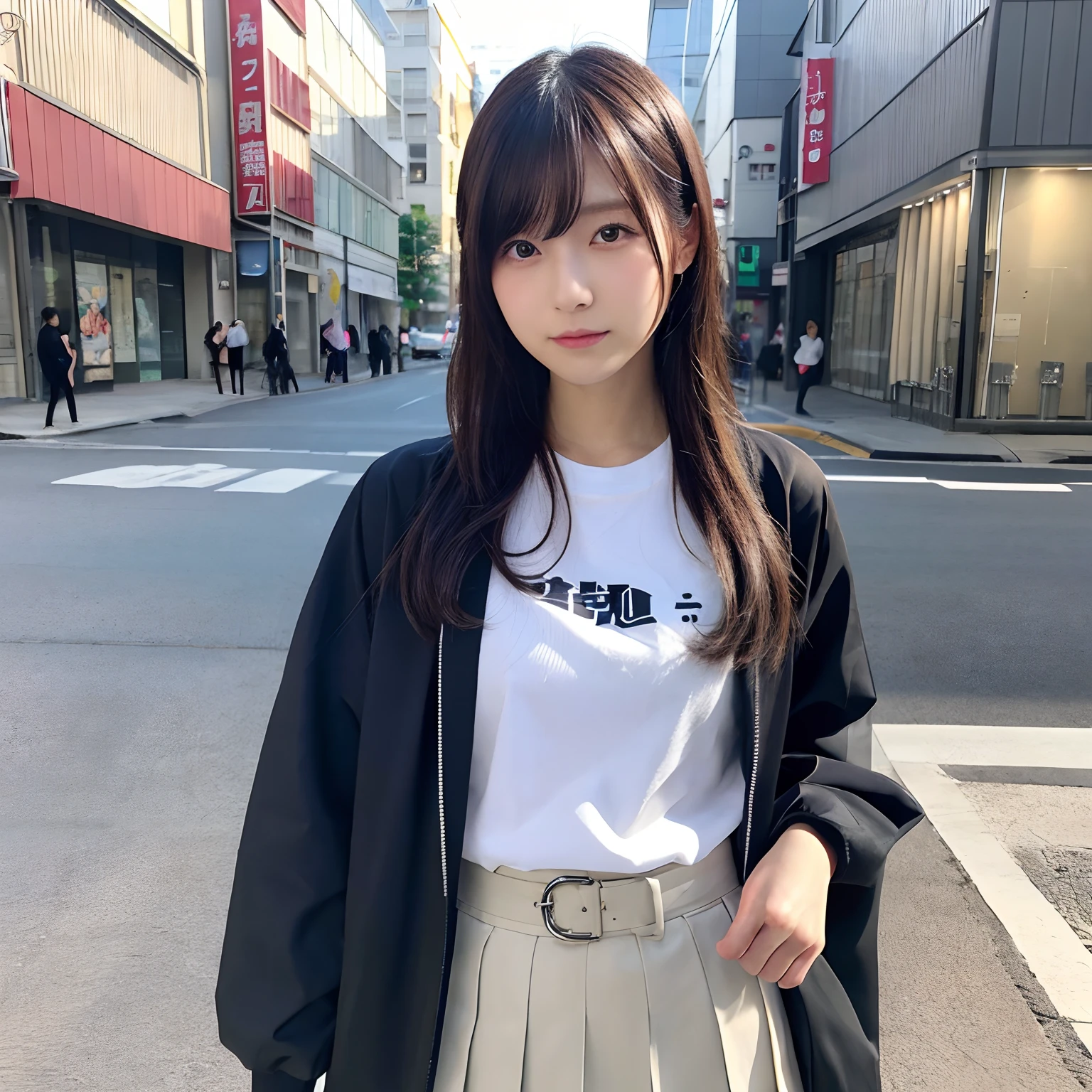 (Best Quality,4K,8K,hight resolution,masutepiece:1.2),Ultra-detailed,(Realistic,Photorealistic,Photorealsitic:1.37),cute-style,Pleated skirt,dian,Dribbling High Detail 8K,Studio Lighting - V 6, real life anime girl, portrait of a japanese , tsubasa nakai's style, japanese streetwear, wearing japanese techwear, Shiori Teshirogi, chiho, japanese city street fashion