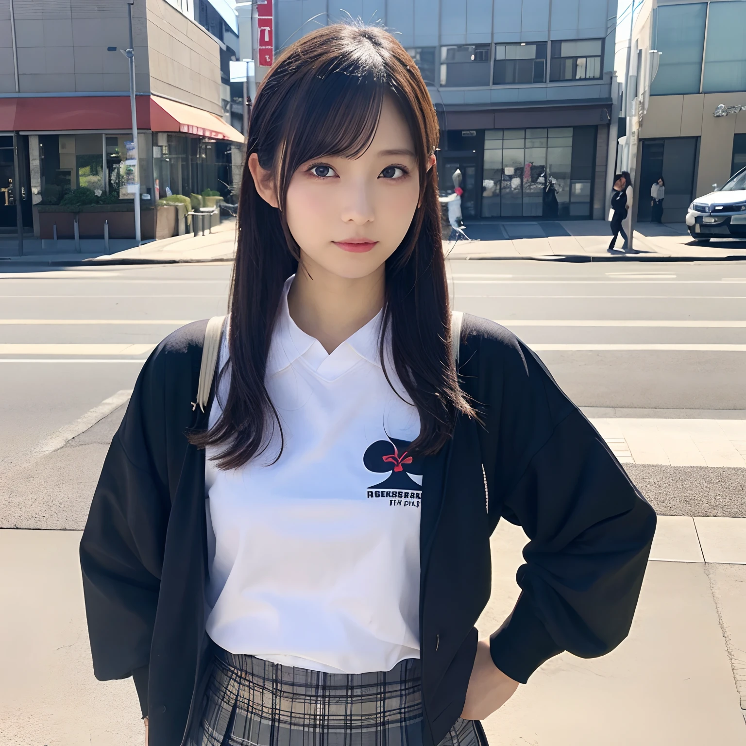 (Best Quality,4K,8K,hight resolution,masutepiece:1.2),Ultra-detailed,(Realistic,Photorealistic,Photorealsitic:1.37),cute-style,Pleated skirt,dian,Dribbling High Detail 8K,Studio Lighting - V 6, real life anime girl, portrait of a japanese teen, tsubasa nakai's style, japanese streetwear, wearing japanese techwear, Shiori Teshirogi, chiho, japanese city street fashion