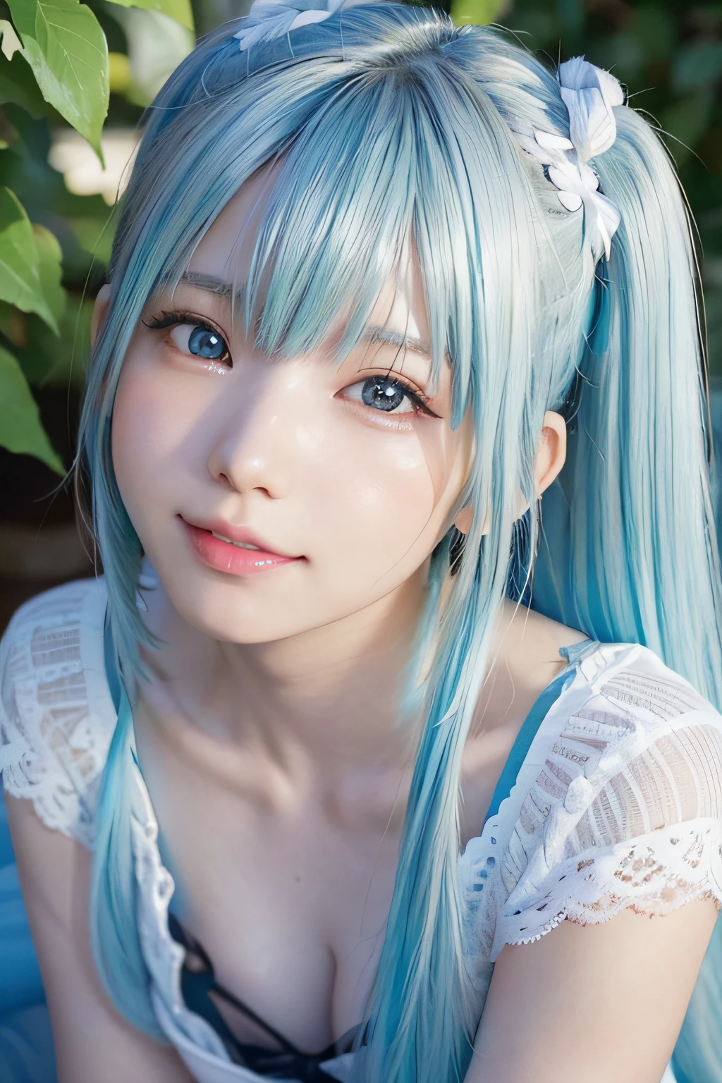 Hatsune Miku、1girl in, Portrait, Modern, The most beautiful girl in the world at 、Realistic proportions、Glossy lips、The big eyes are a very beautiful pale light blue、Beautiful shiny dazzling super blonde hair、Super long straight hair、disheveled bangs hanging on the face,,,、Pure white beautiful skin、Cheek luster、Beautiful face、Round face、Innocent face、bright expression、Juvenile look、Symmetrical face, Symmetrical eyes, Dynamic Pose, Convoluted, Intricate details, foco nítido、Small face beauty