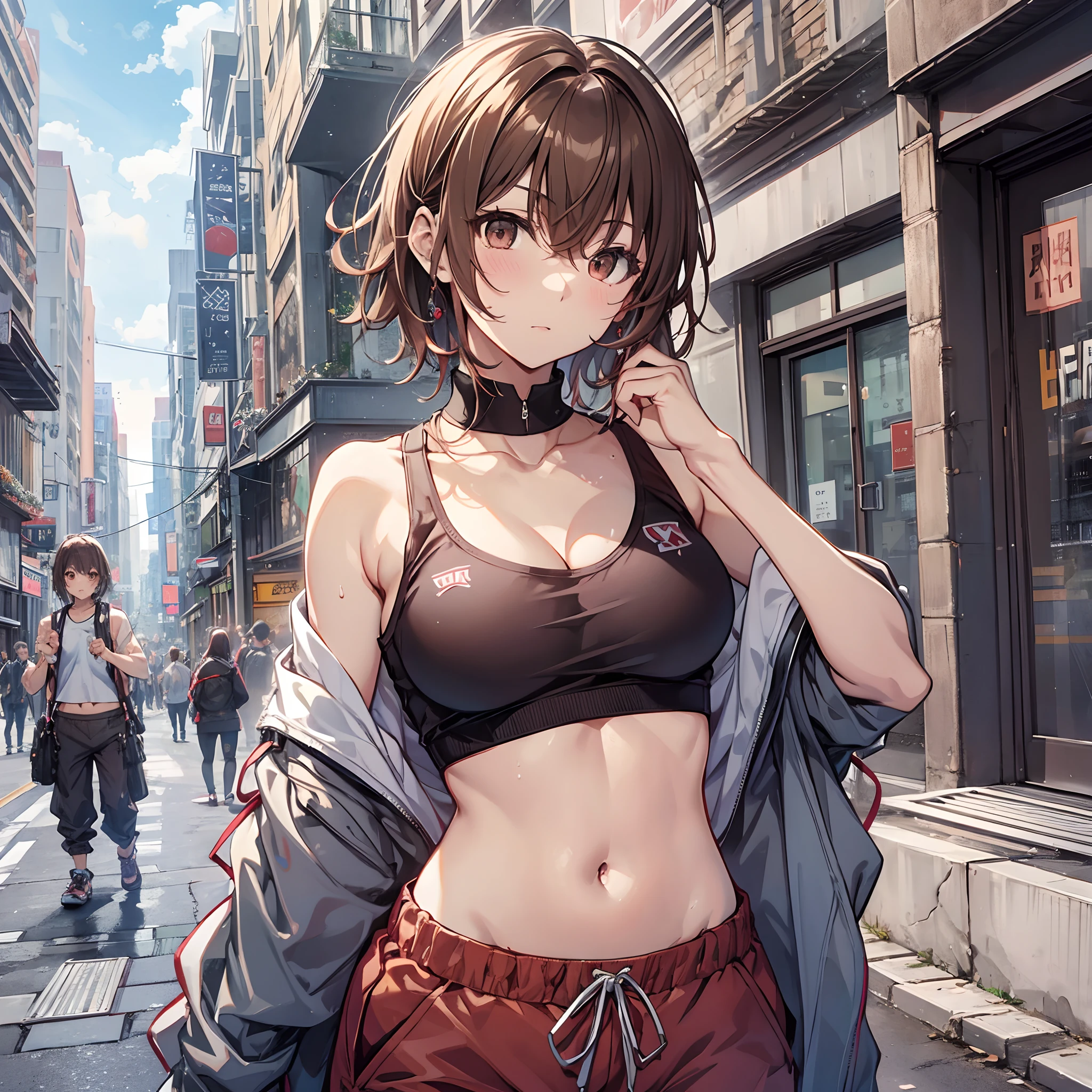 tmasterpiece, best qualityer, Misaka_mikoto, with brown eye, short_Hair, small_breast enhancement,) vests Beauty navel Navel sweat shorter pants Pose at random In the street random view