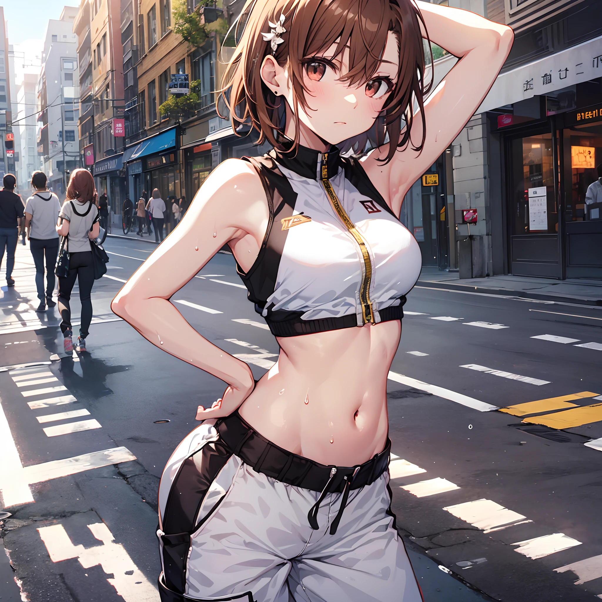 tmasterpiece, best qualityer, Misaka_mikoto, with brown eye, short_Hair, small_breast enhancement,）　vests　Beauty navel　Navel sweat　shorter pants　Pose at random　In the street　random view