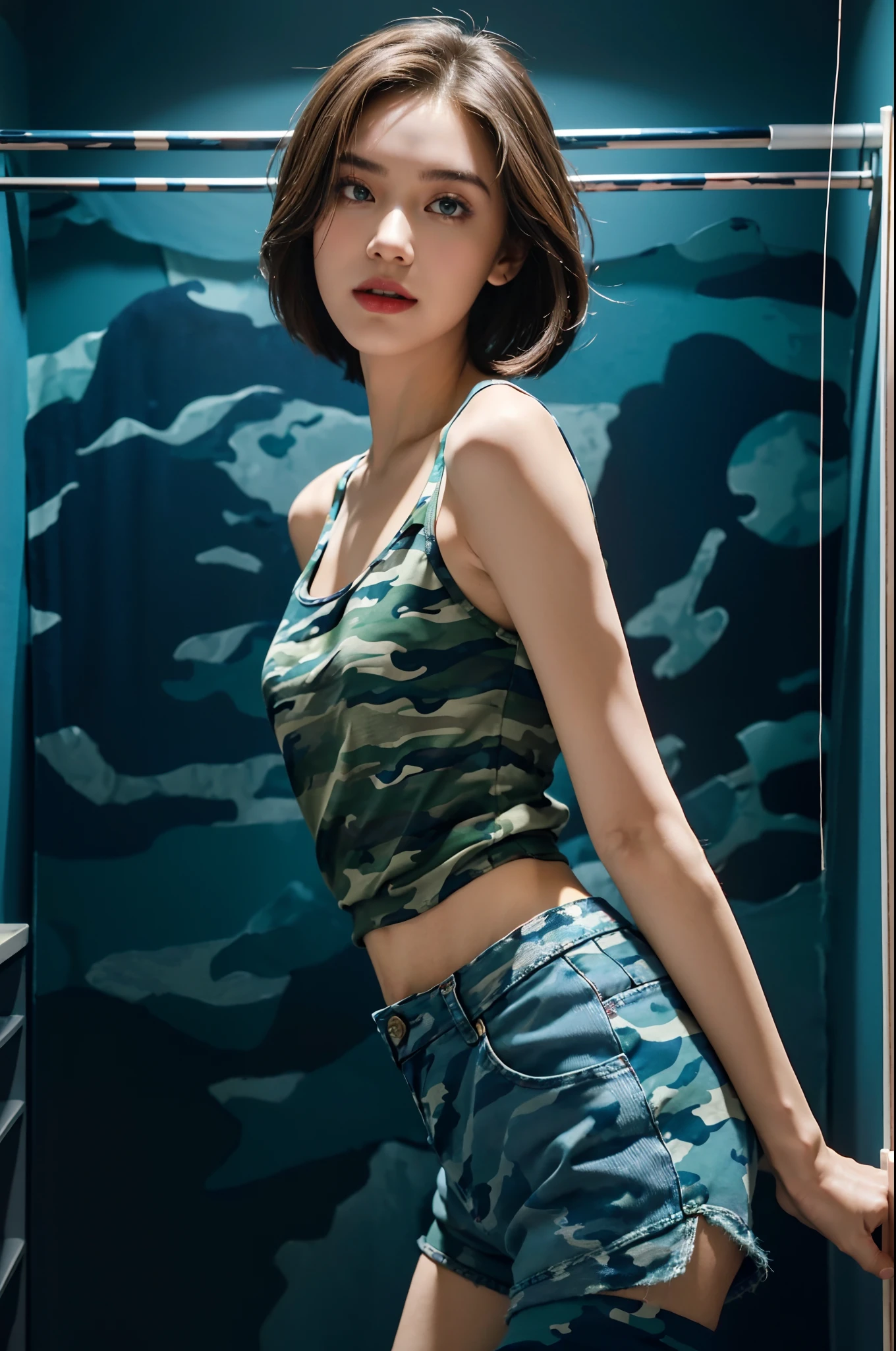 ((shoulder-length straight bob hair)),（Extremely meticulous CG),(((8k))),wallpaper,(Extremely refined and beautiful),(Masterpiece:2.0），（best qualtiy:2.0），（Ultra High Resolution:2.0),beautiful light up，Perfect lightning,realistic shaded，[A high resolution],(Smooth and flawless fair skin:1.5),Extremely exquisite facial details,ultra - detailed,A  girl,solo,small head,small face,clear face,Exquisite makeup,red lips,Close Shot,at home,(in the clothing room:1.2),(Standing next to a wardrobe:1.3),(many women's clothing hanging in the wardrobe:1.3),(laughing:1.2),(perfect body:1.1),small breasts,flat chest,slim,thin,(Blue camouflage tank top and Blue camouflage shorts:1.5),cowboy shot,portrait,(from back),day scene,dim light,blue green wall