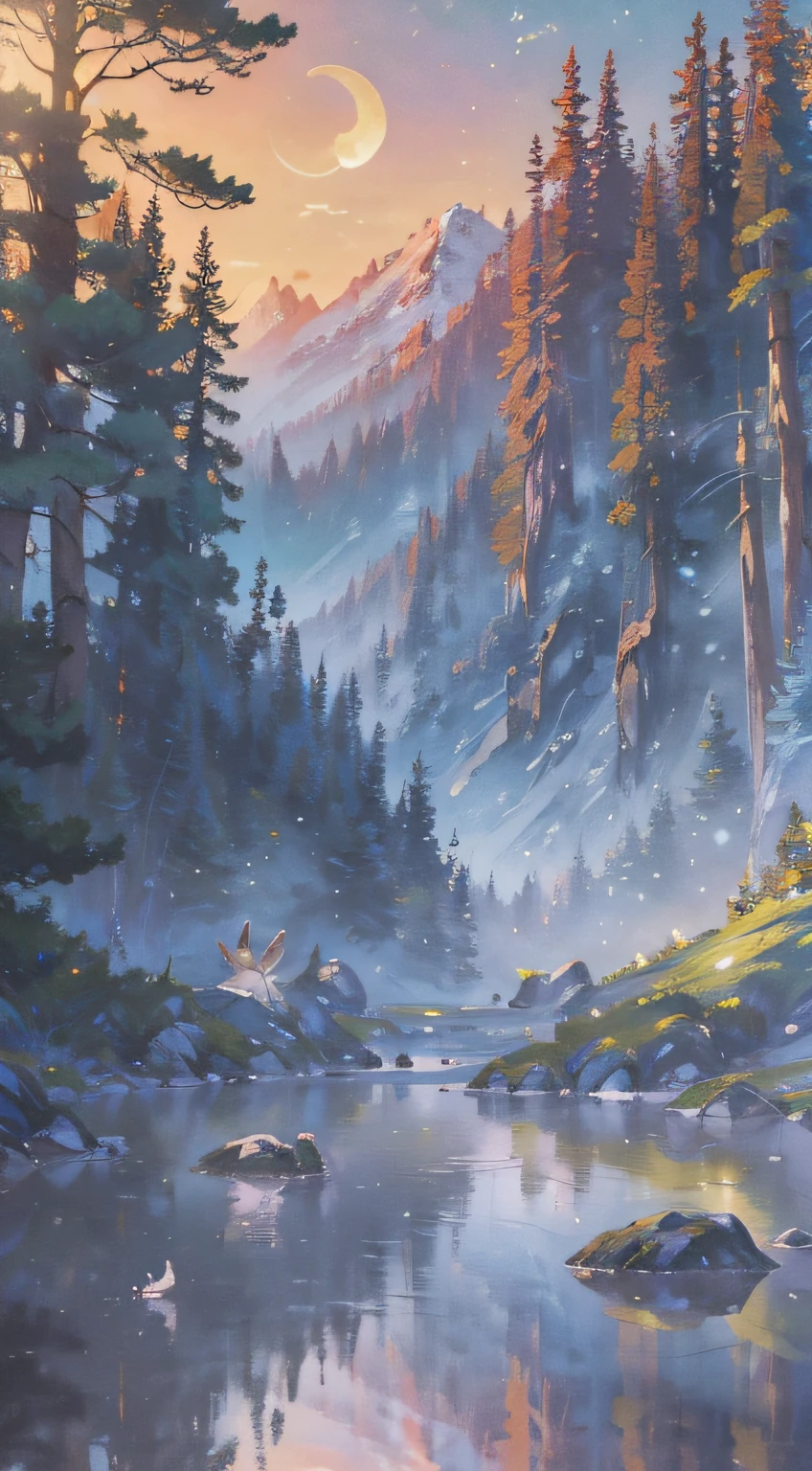 There are two rabbits sitting on rocks close to bodies of water, A beautiful artwork illustration, anime beautiful peace scene, 4 k hd wallpaper illustration, a forest with bunnies, Beautiful art UHD 4 K, Anime fantasy illustration, 4 k hd illustrative wallpaper, serene illustration, dreamlike illustration, fantasy matte painting,Cute, anime landscape wallpapers, whimsical fantasy landscape art,Moon HD soft