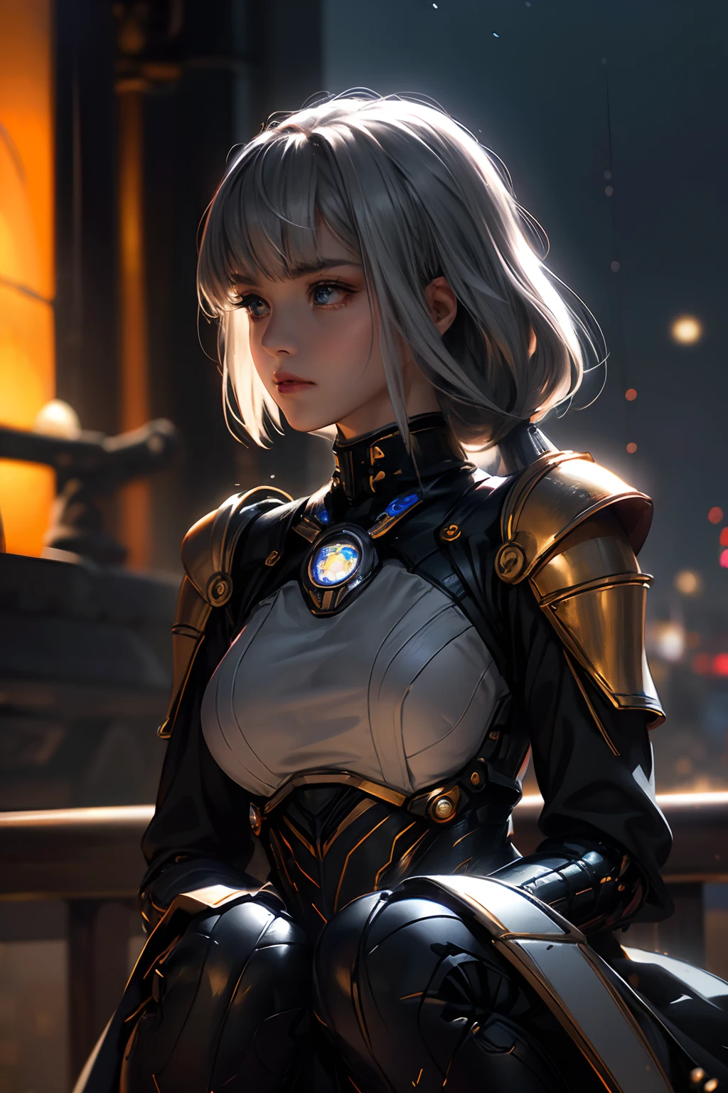 CG Mecha, Beautiful eyes, Upper body, Predator Armor, Portrait, droid,White-orange armor,, Neon light, 8K, raw, Best Quality, masutepiece, 超A high resolution, Colorful, (medium wide shot), (Dynamic perspective), Sharp Focus , (depth of fields, Bokeh:1.3), extremely detailed eye and face, Beautiful detailed eyes、Black gold, Trimmed gear:1.2), ((masutepiece, Best Quality)), Detailed background, Spaceship Interior Fighting Pose、Grey Hair、poneyTail、Luminescent eyes、fullmoon、suns、Get down on one knee、Shot with R5、matrix、Dark Fantasy,3d rendered