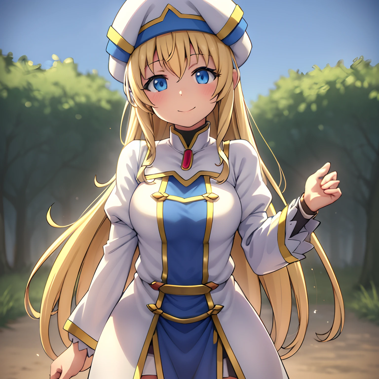 masuter piece, Best Quality, 超A high resolution, top-quality, Anime style, Beautiful face, Goblin Slayer, priestess, white and blue clothes, (1girll:1.3), White cap, (beautiful smiling face:1.3)