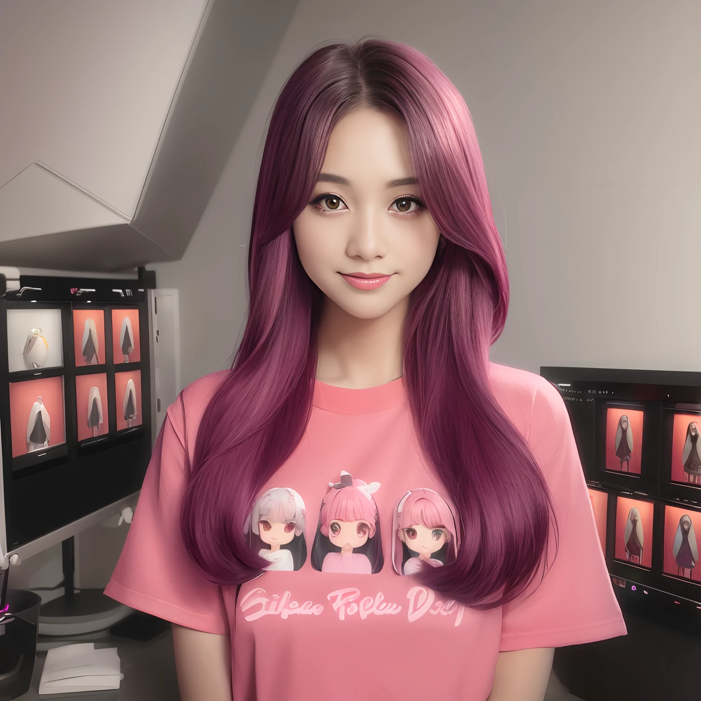 arafed image of a woman with long hair and a fuschia shirt, realistic anime 3 d style, live2d virtual youtuber model, ig studios anime style, official fanart, Fuschia short hair with bangs, ruan cute vtuber, high quality fanart, realistic hair, ig model | artgerm, with Short hair, sakimi chan, fuschia hair