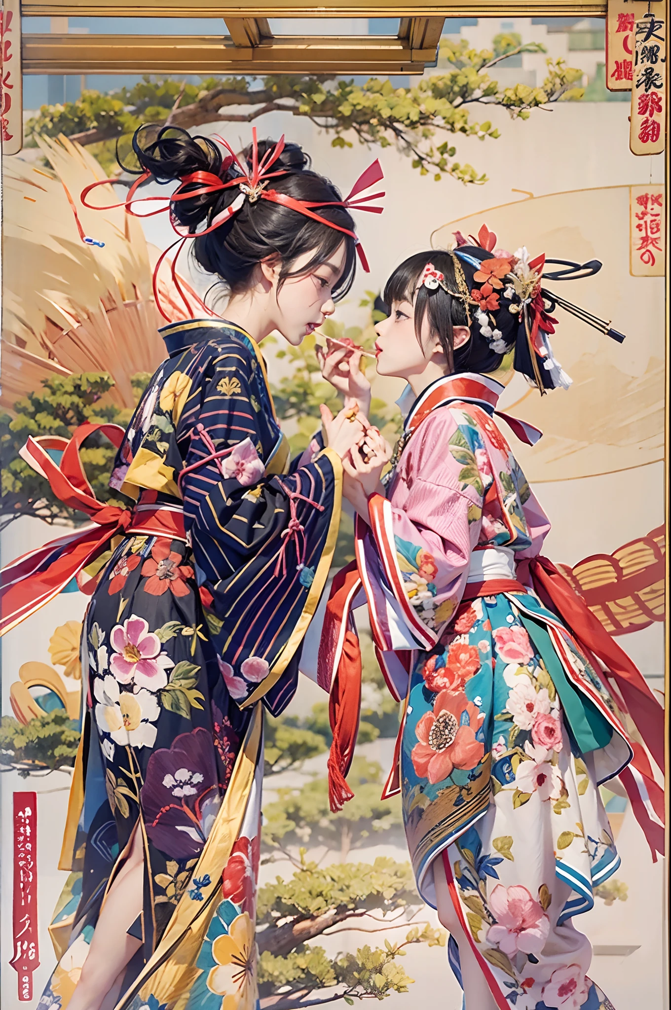 Two people eat MIKADO from both sides　2 girls、On the verge of a kiss