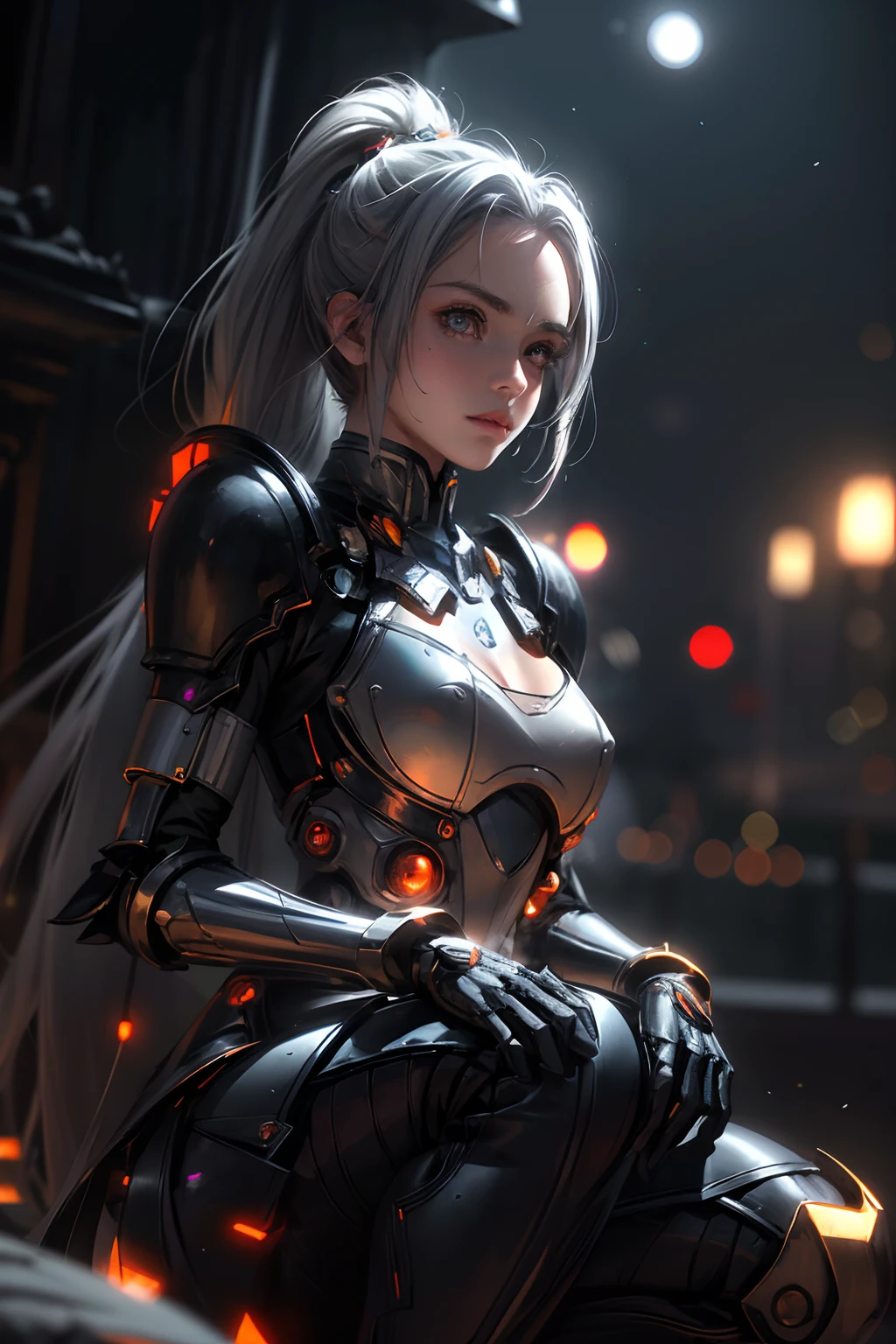 CG Mecha, Beautiful eyes, Upper body, Predator Armor, Portrait, droid,White-orange armor,, Neon light, 8K, raw, Best Quality, masutepiece, 超A high resolution, Colorful, (medium wide shot), (Dynamic perspective), Sharp Focus , (depth of fields, Bokeh:1.3), extremely detailed eye and face, Beautiful detailed eyes、Black gold, Trimmed gear:1.2), ((masutepiece, Best Quality)), Detailed background, Spaceship Interior Fighting Pose、Grey Hair、poneyTail、Luminescent eyes、fullmoon、suns、Get down on one knee、Shot with R5、matrix、Dark Fantasy,3d rendered