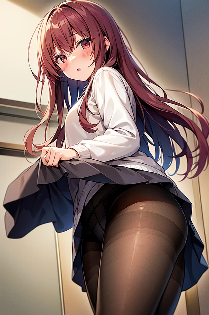 girl,blush,long hair,looking at viewer,panties,panties under pantyhose,pantyhose,pantyshot,underwear,upskirt