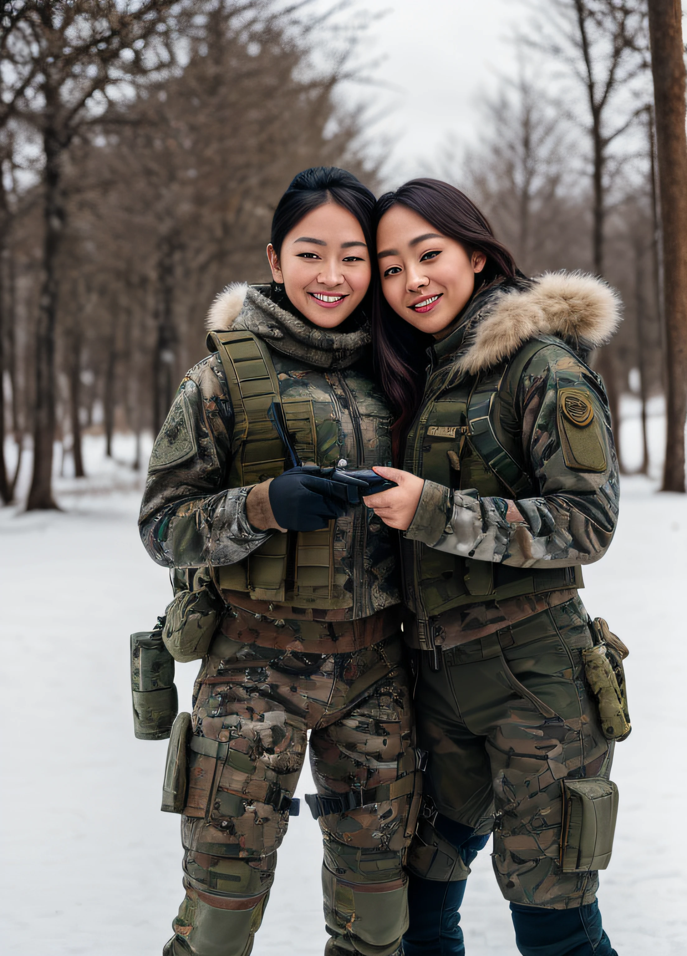 (photorealistic), beautiful lighting, best quality, realistic, full body portrait, real picture, intricate details, depth of field, 2 girls lesbian kissing and feeling crotch, Filipino woman, 24-years-old, in a cold snowstorm, a wings, A very muscular solider girl with haircut, wearing winter camo military fatigues, camo plate carrier rig, combat gloves, (magazin pouches), (kneepads), highly-detailed, perfect face, hazel eyes, lips, wide hips, small waist, tall, make up, tacticool, Fujifilm XT3, outdoors, bright day, Beautiful lighting, RAW photo, 8k uhd, film grain, ((bokeh))