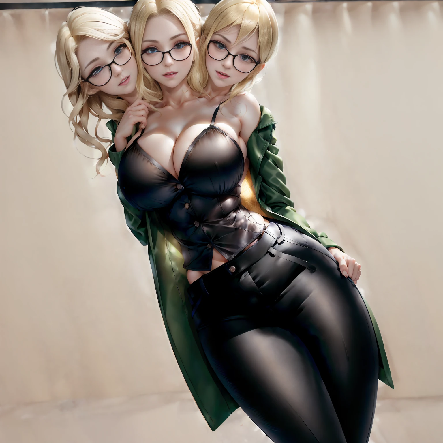 (best resolution, A realistic photo, in full height, 3 heads, blonde woman, big breastes, mother and daughter, Adult woman, aged, sportswoman, wide hips, thick-thighs, Big Woman, High, height difference, brunette with glasses, Huge-breasts, Different hairstyles, black button-down shirt, Office suit indoor background, businesswoman, business suit, pants, jacket,