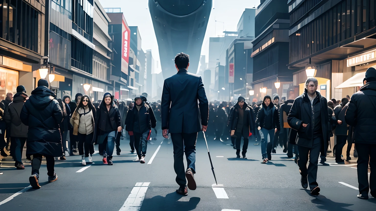 1guy, surrounded by people but still alone, (((walking direction opposite of the crowd of people))), going against the grain, depressing, blue hue, sad, hopeless