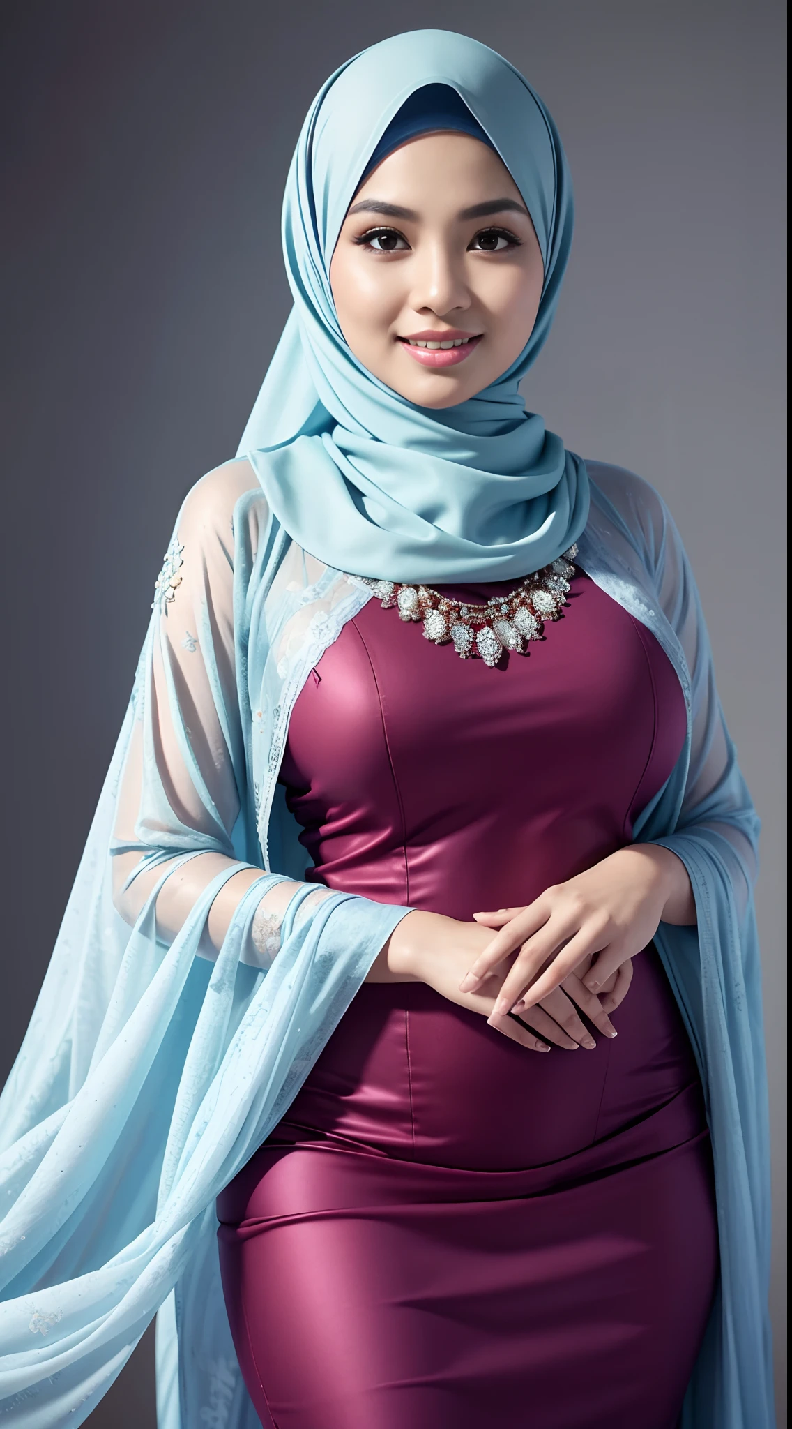 RAW, Best quality, high resolution, masterpiece: 1.3), beautiful Malay woman in hijab (iu:0.8)1beautiful Malay woman in hijab wearing modern youth Muslim clothing,medium breasts, modest fashion, flowing shawl, portrait photography, mid shot photo, ultra detail, professional photo with professional lighting, smile, light blue studio random background, sexy seductive pose, curvy ,
