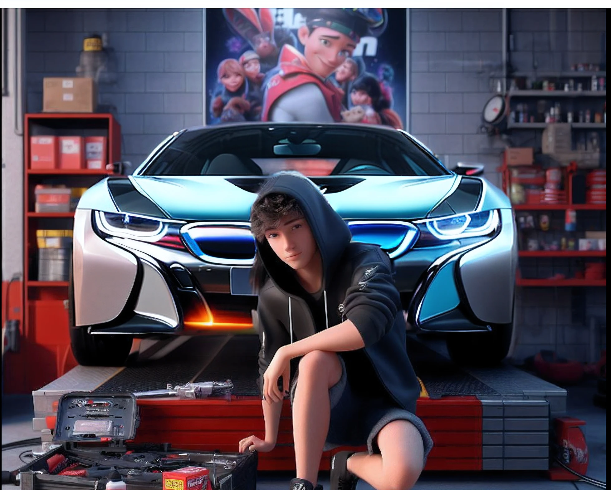 best quality, ultra-detailed, realistic:1.37, luxury bmw i8 car, sleek design, glossy finish, electric sports car, cutting-edge technology, futuristic concept, iconic scissor doors, dynamic lines, powerful performance, impressive acceleration, high-speed stability, aerodynamic body, elegant interior, comfortable leather seats, advanced infotainment system, intuitive controls, immersive driving experience, panoramic glass roof, ambient lighting, state-of-the-art safety features, innovative energy-efficient technology, green mobility, environmentally friendly, vibrant color palette, dynamic lighting effects