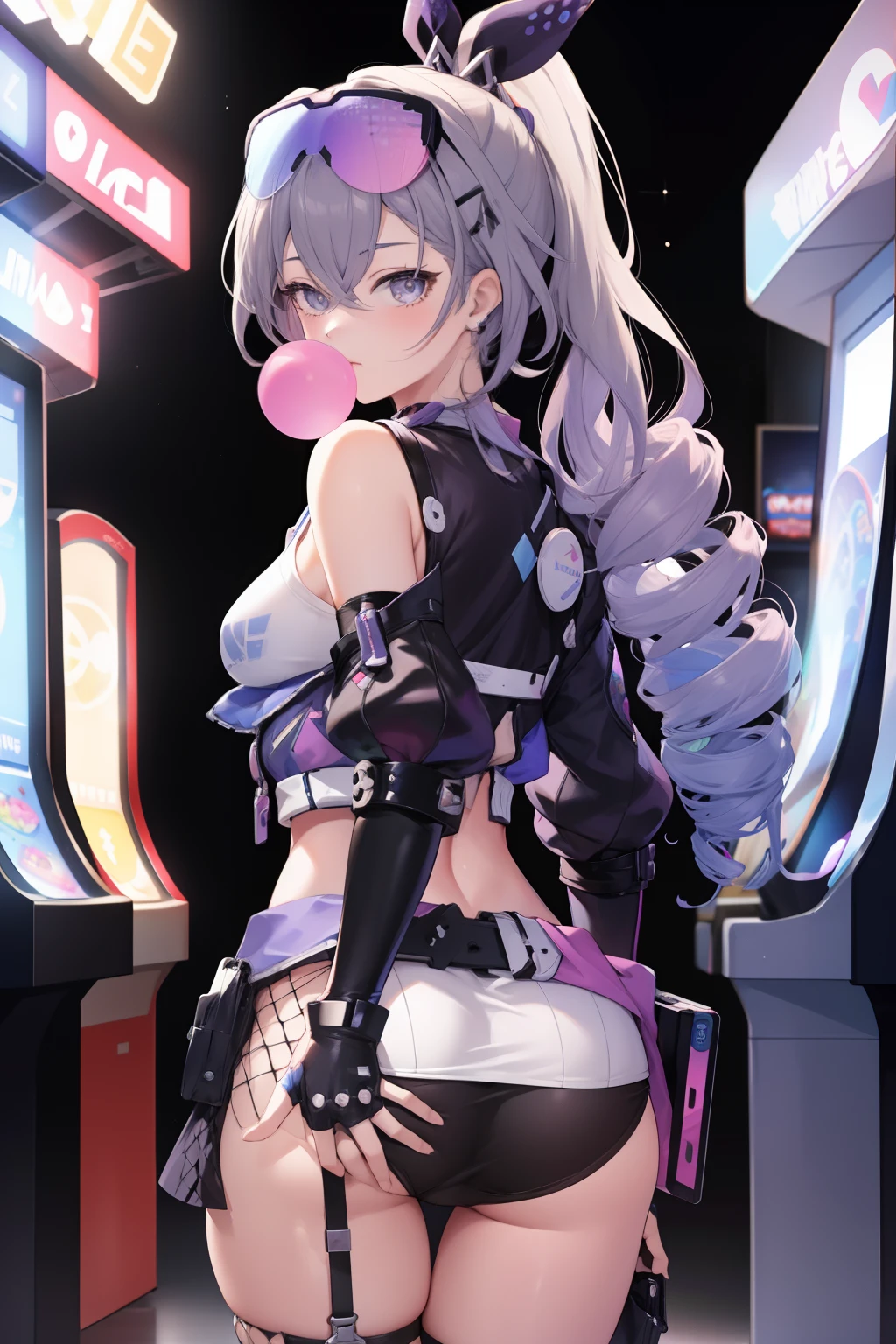 masterpiece, best_quality, 1girl, solo, looking_at_viewer, gloves, ass, looking_back, fingerless_gloves, twin_drills, chewing_gum, Arcade, Arcade_background