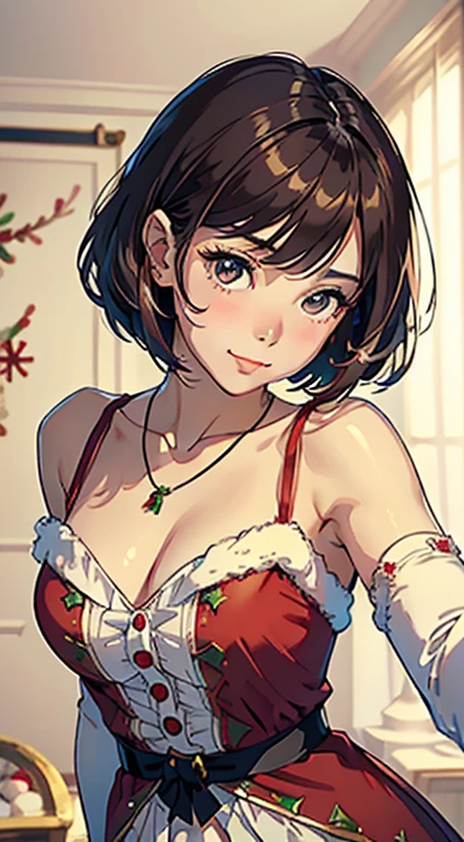 (top-quality、hight resolution、​masterpiece)、(David Hamilton Style)、(softfocus)、softlight、(Adorable young woman、age19、Medium chest、)、(((Christmas costume with delicate red and white design)))、((Christmas Hair Ornaments))、((Costume with red and green design based on white))、A slight smil、、extremely delicate and beautiful、8k wallpaper、astonishing、finely detail、Well-groomed woman、extremely detailed eye and face、Great detailed eyes、Realistic facial proportions、A slender、kindly smile、A gaze that looks at the viewer、dark brown hair、耳环、a necklace、hair pin、((white backgrounid))、Straight hair、Short bob hair、Put out a little bangs、bangss、skin gloss、cute little、Beautie、Highlights of the pupil facing forward、detailed and beautiful hands、Detailed and beautiful fingers、((Blur the background))、