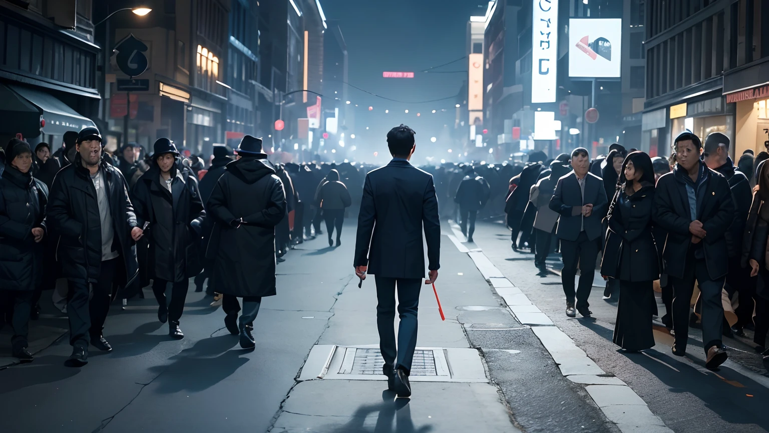 1guy, surrounded by people but still alone, (((walking direction opposite of the crowd of people))), (((standing out from crowd))), going against the grain, depressing, blue hue, sad, hopeless