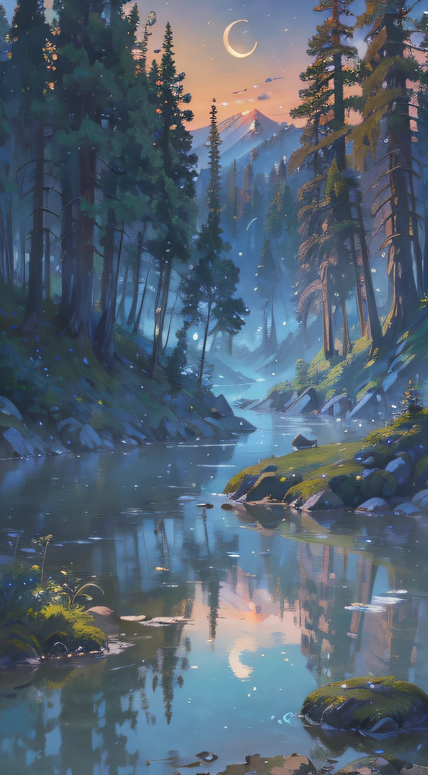 There are two rabbits sitting on rocks close to bodies of water, A beautiful artwork illustration, anime beautiful peace scene, 4 k hd wallpaper illustration, a forest with bunnies, Beautiful art UHD 4 K, Anime fantasy illustration, 4 k hd illustrative wallpaper, serene illustration, dreamlike illustration, fantasy matte painting，Cute, anime landscape wallpapers, whimsical fantasy landscape art,Moon HD soft