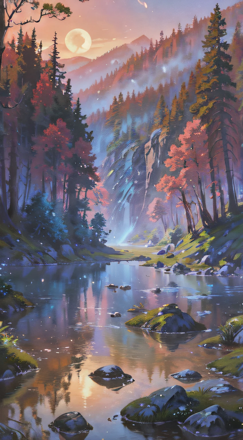 There are two rabbits sitting on rocks close to bodies of water, A beautiful artwork illustration, anime beautiful peace scene, 4 k hd wallpaper illustration, a forest with bunnies, Beautiful art UHD 4 K, Anime fantasy illustration, 4 k hd illustrative wallpaper, serene illustration, dreamlike illustration, fantasy matte painting,Cute, anime landscape wallpapers, whimsical fantasy landscape art,Moon HD soft