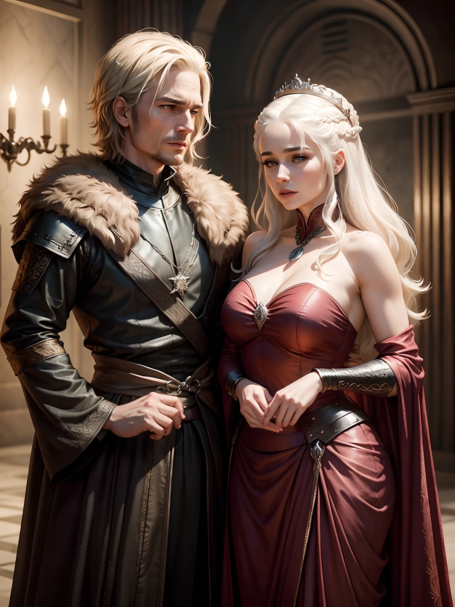 Evil Couple, after fight, blood everywhere, Tired, Ripped clothes, damaged armor, Evil, glowing red eyes, Smirk, in the throne room, scar on eyes, Messed up hair, a Targaryen and a Lannister, Jaime Lannister and Daenerys Targaryen, Crowns