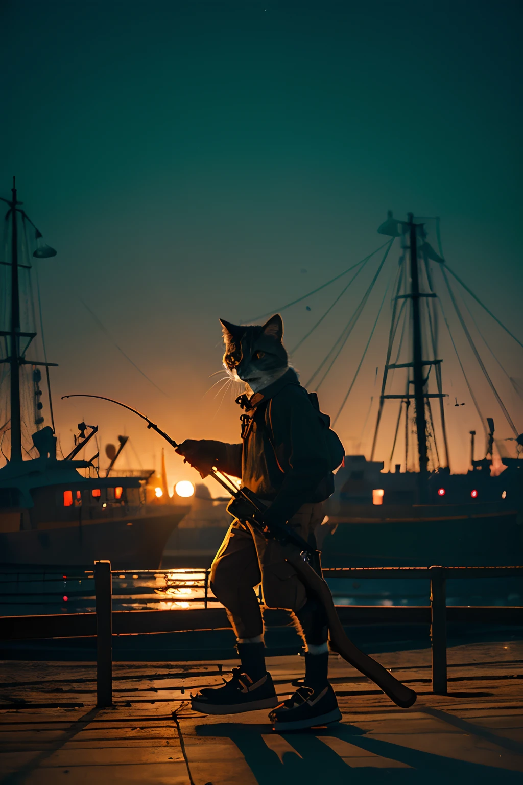 (Animal anthropomorphism), Fishing Theme, Kittens,jaket, lovely,Boarding a boat in dim light,machine guns,smog,Shadowing,Corrupt cityscape,top-quality,solofocus,(thin and light:1.04),full body Esbian,complex(high detal:1.1)