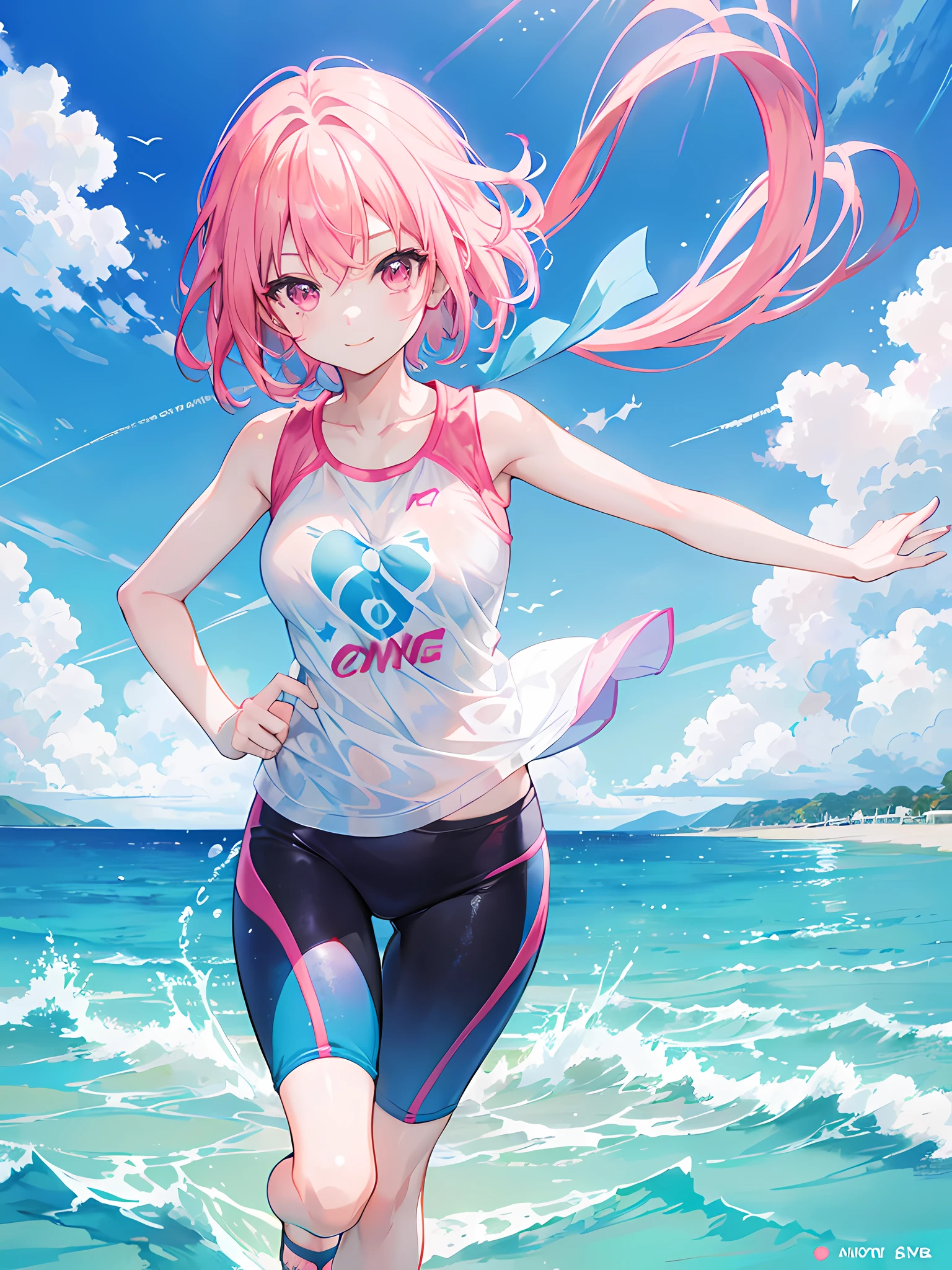 A teenager playing volleyball by the sea,Sunny and handsome,Short pink hair,Tall guy,Strong arms,Wear a one-piece swimsuit,The hairstyle is blown up by the wind,Play volleyball,messy hair,Heroic,Handsome volleyball